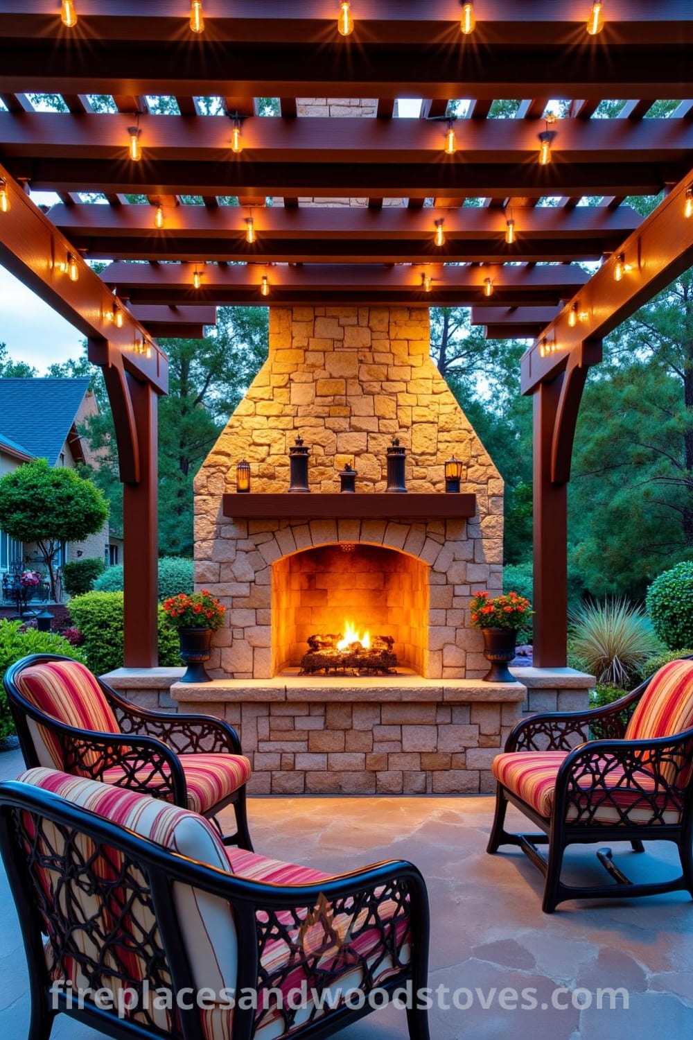 Outdoor fireplace integrated in a pergola, featuring warm flames, rustic stone, wooden beams, and mismatched chairs creating an inviting atmosphere in a beautiful garden, perfect for a cozy backyard retreat, offering unique design ideas and inspirations for your home at fireplacesandwoodstoves.com.