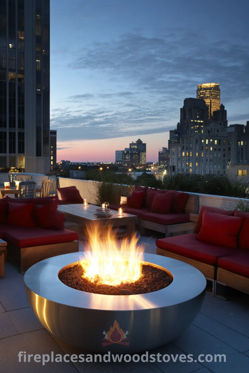 Urban rooftop terrace with sleek fire pit, comfortable seating, and warm fire glow creating a sophisticated outdoor space, and modern fire pit vibes.