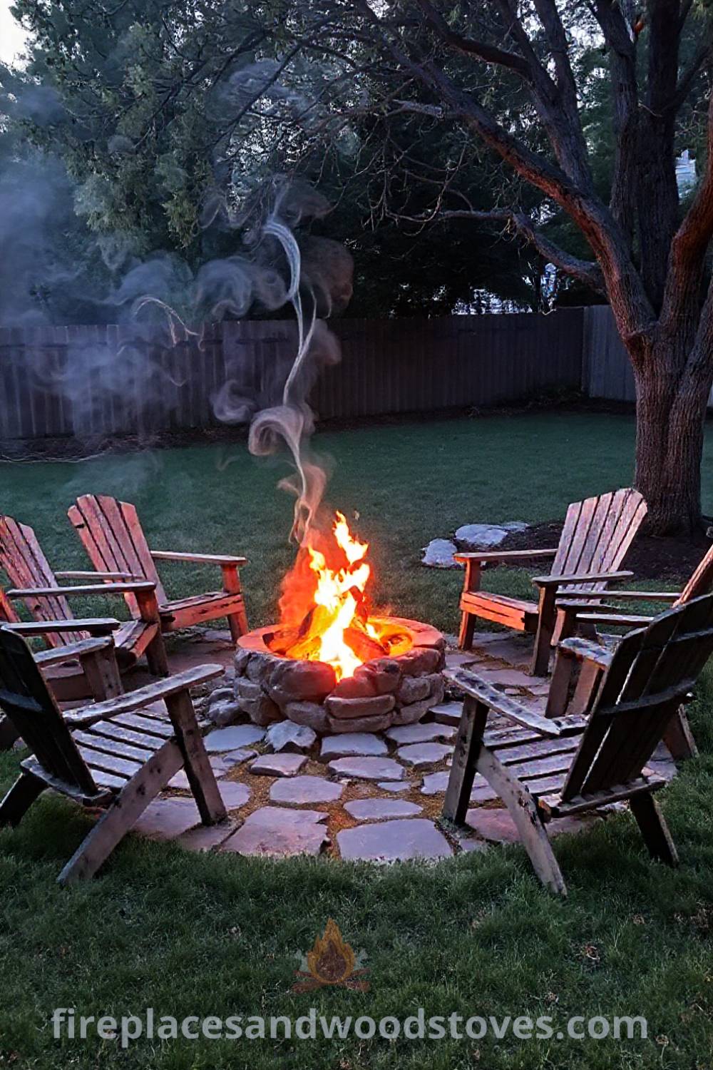 Rustic wood-burning fire pit surrounded by mismatched chairs on a stone patio in a cozy backyard setting, with flickering flames and warm shadows, perfect for outdoor gatherings. Visit patioandhomefurniture.com for stylish designs transforming your backyard.