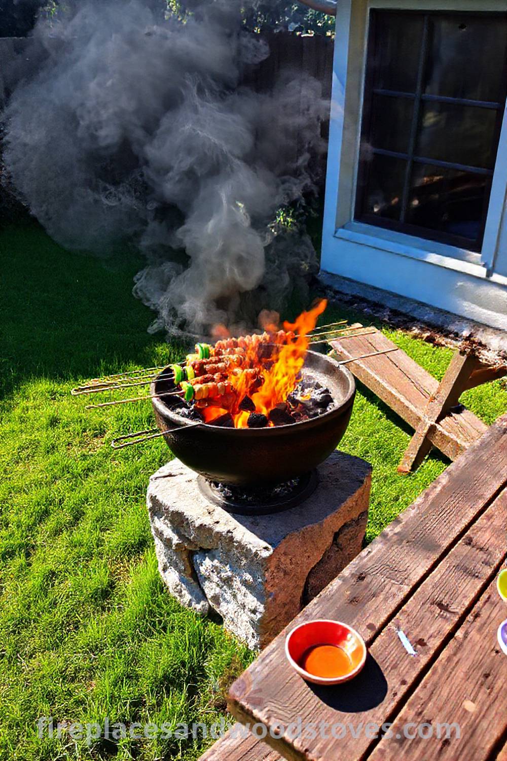 Barbecue setup featuring a Turkish mangal in a sunlit backyard with skewered meats and vegetables, surrounded by a rustic picnic table and vibrant dishes, perfect for cozy outdoor gatherings. Visit patioandhomefurniture.com for stylish ideas that will wow your guests.