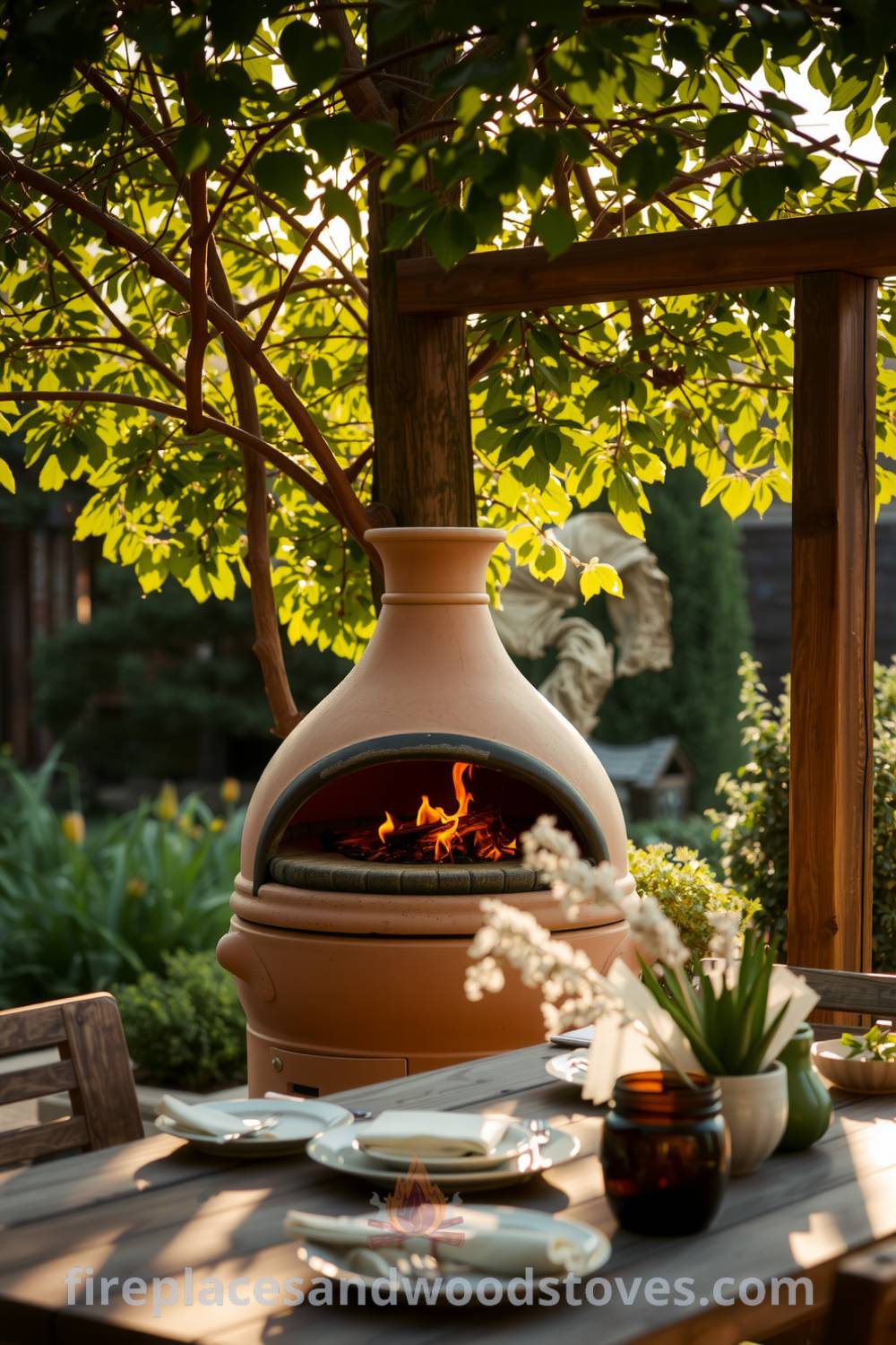 Bohemian clay outdoor barbecue under open sky in a garden, surrounded by dappled sunlight and rustic wooden tableware, creating a cozy atmosphere for outdoor meals; visit fireplacesandwoodstoves.com for more unique ideas and decor inspirations.