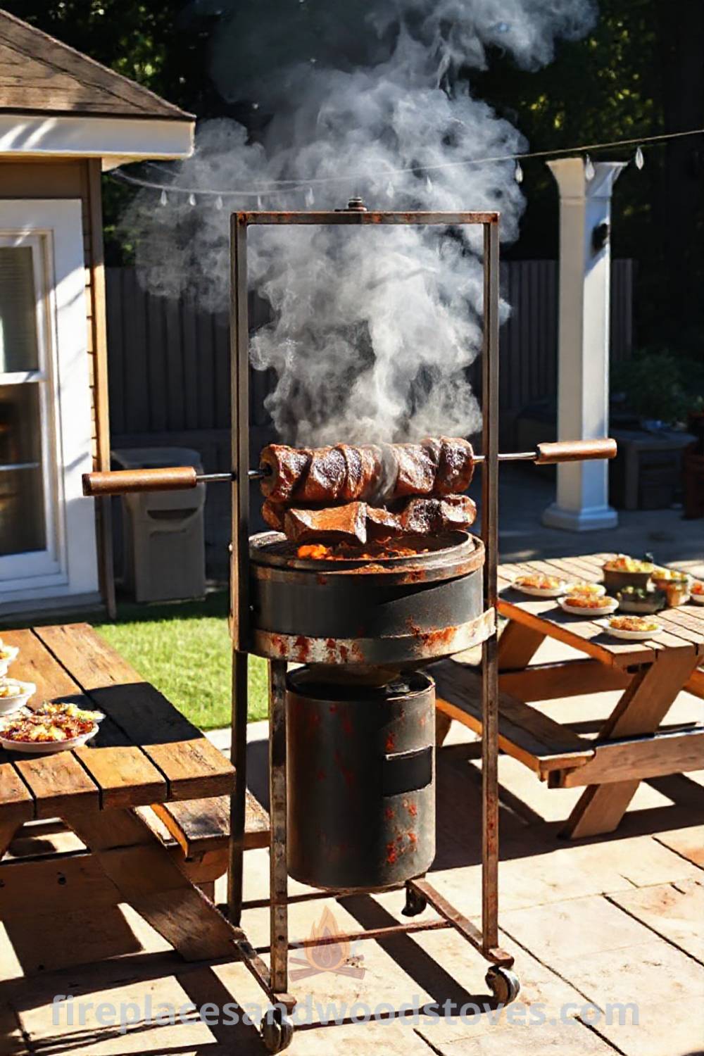 Spit BBQ on a sun-drenched patio with juicy meats rotating over an open flame, surrounded by rustic picnic tables and hearty side dishes, creating a cozy and inviting atmosphere for an outdoor gathering. Visit patioandhomefurniture.com for incredible ideas that will wow your guests.