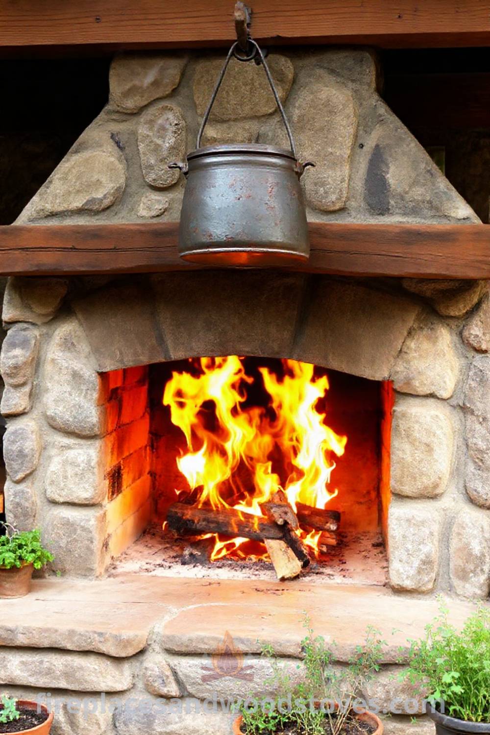 Outdoor kitchen with a rustic wood-burning fireplace, wooden countertops, and potted herbs, creating a cozy atmosphere perfect for family gatherings and delicious meals. Visit patioandhomefurniture.com for stylish outdoor design ideas that will wow your guests.