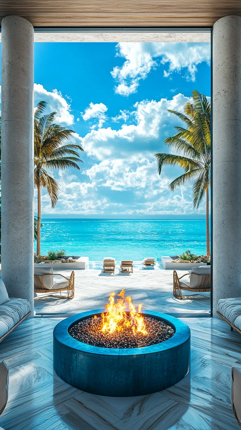 A luxurious outdoor fire pit surrounded by palm trees, overlooking the ocean with beach chairs nearby, in a bright and inviting setting.