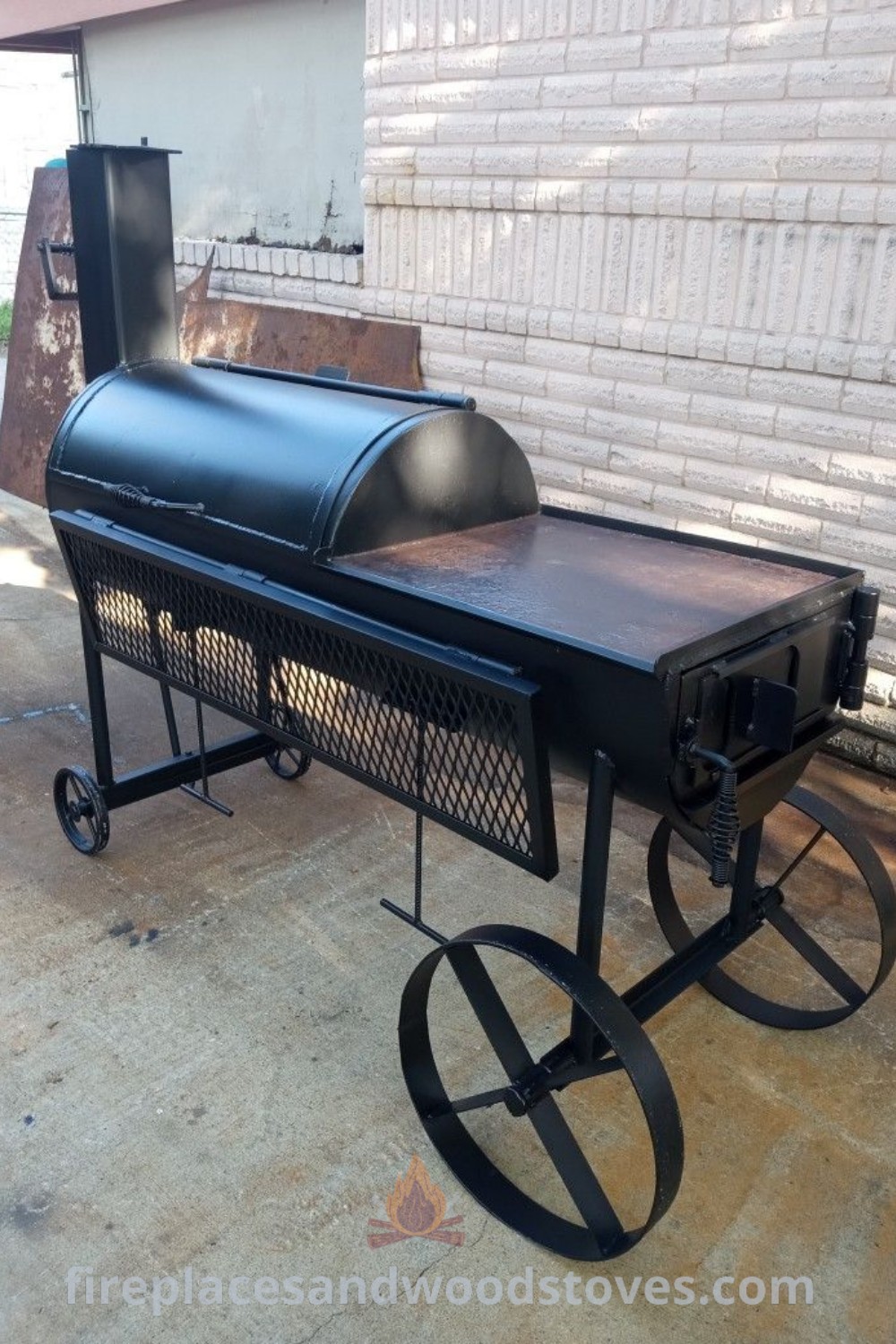An outdoor BBQ grill on a cart next to a brick wall, showcasing stylish designs that transform your backyard into a cozy cooking space. Perfect for outdoor grilling enthusiasts. Find amazing BBQ ideas at patioandhomefurniture.com.