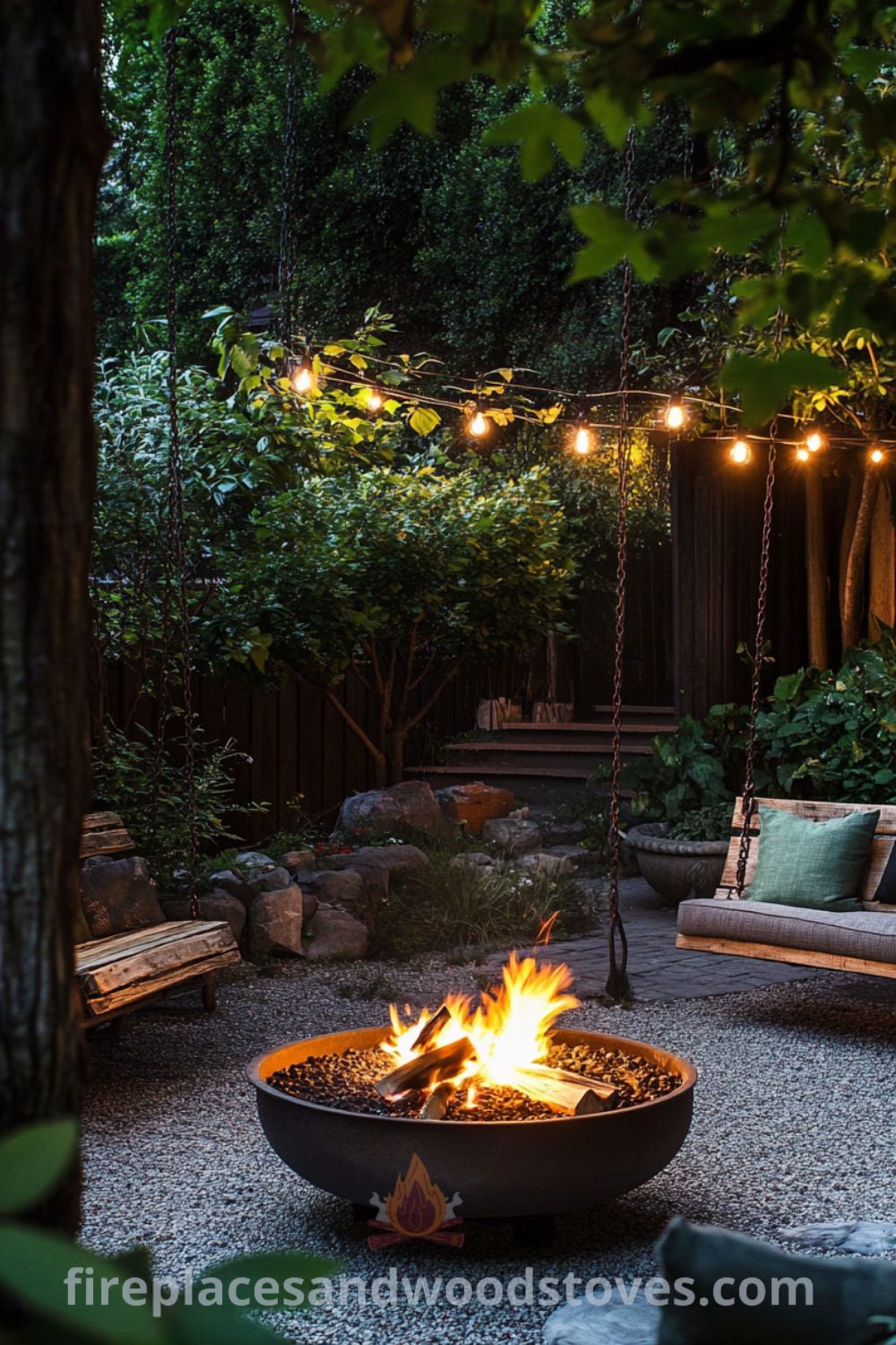 Charming backyard fire pit setting on fireplacesandwoodstoves.com, showcasing outdoor fire pit ideas, backyard design inspirations, and cozy outdoor seating arrangements for a welcoming retreat.