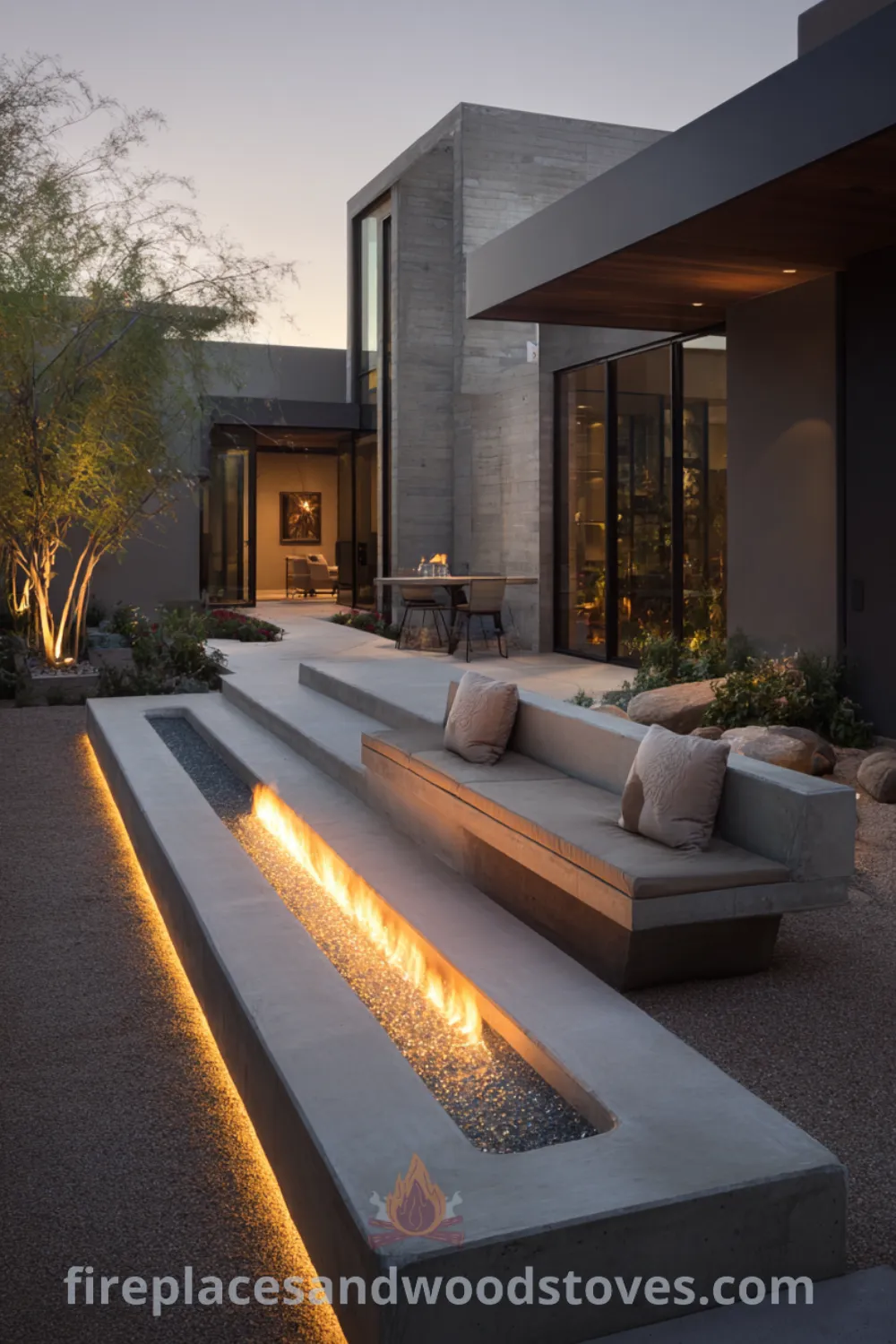 Modern minimalist fire pit with built-in seating, serene fire pit area, and sleek outdoor lounge.