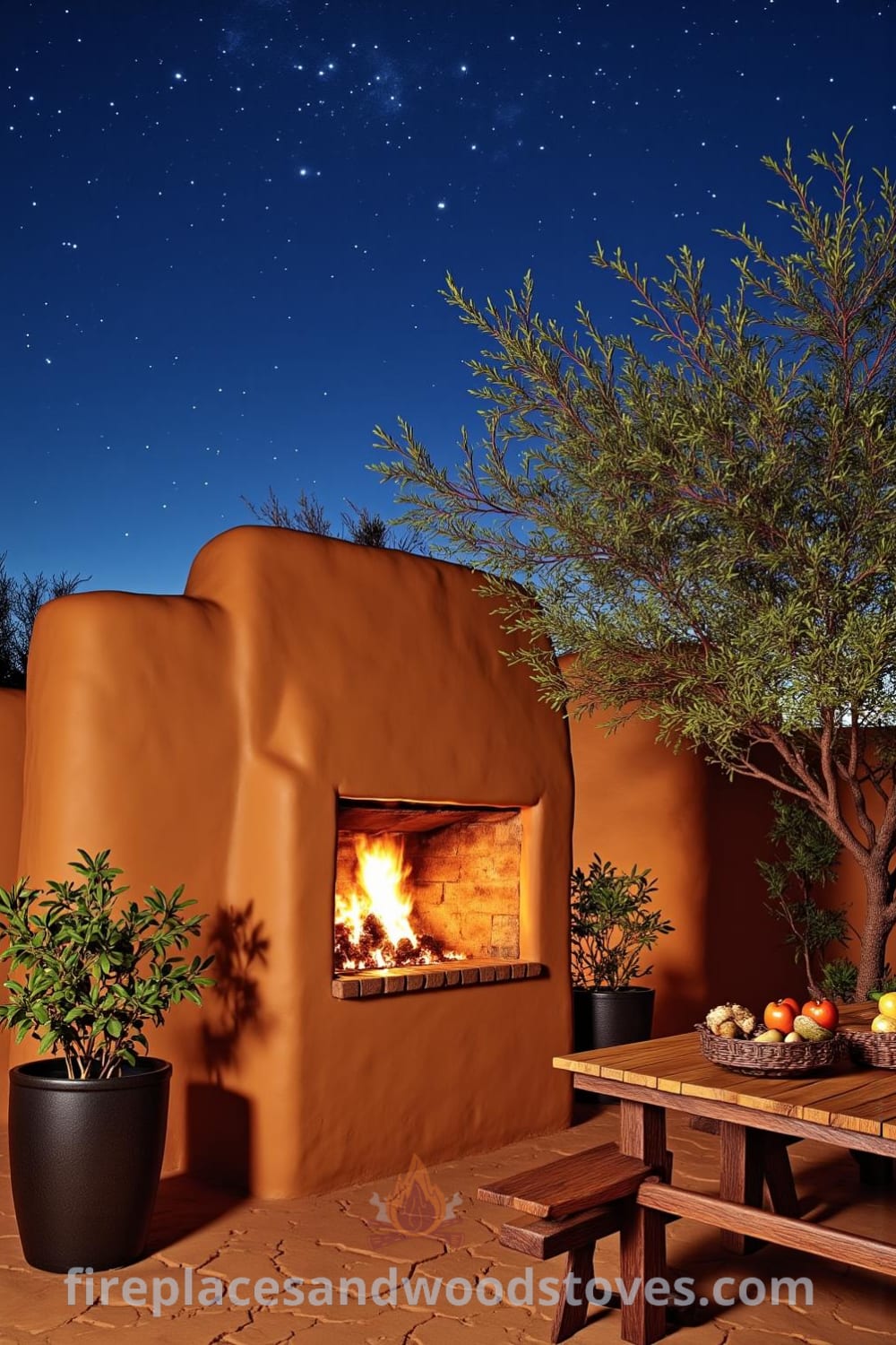 Adobe outdoor barbecue surrounded by desert flora with flickering flames illuminating uneven bricks, creating a cozy atmosphere for gatherings, featuring a rustic wooden table with fresh ingredients, perfect for hosting under a starlit sky. For more cozy ideas, visit fireplacesandwoodstoves.com.