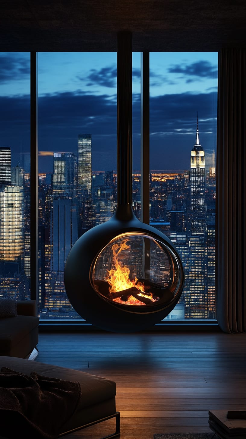 A contemporary floating fireplace in the shape of an egg, elegantly suspended and surrounded by floor-to-ceiling windows showcasing the New York City skyline at night.