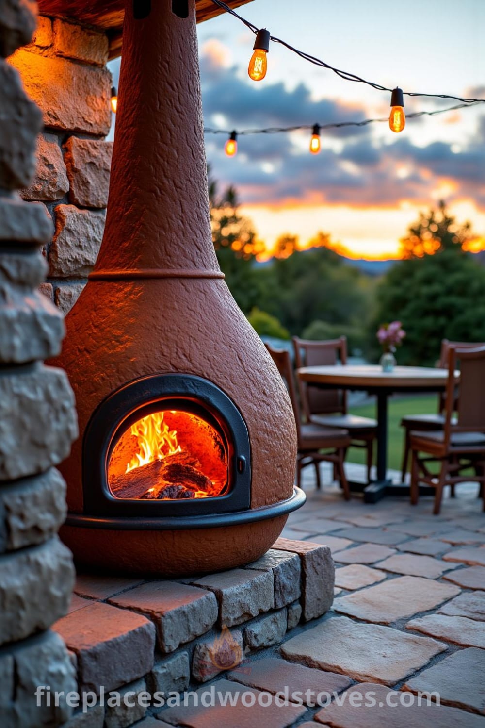Cozy chiminea-style outdoor fireplace nestled on a stone-paved patio, vibrant flames dancing within, surrounded by mismatched chairs and twinkling string lights, creating a charming and inviting atmosphere for outdoor gatherings, seen on fireplacesandwoodstoves.com.
