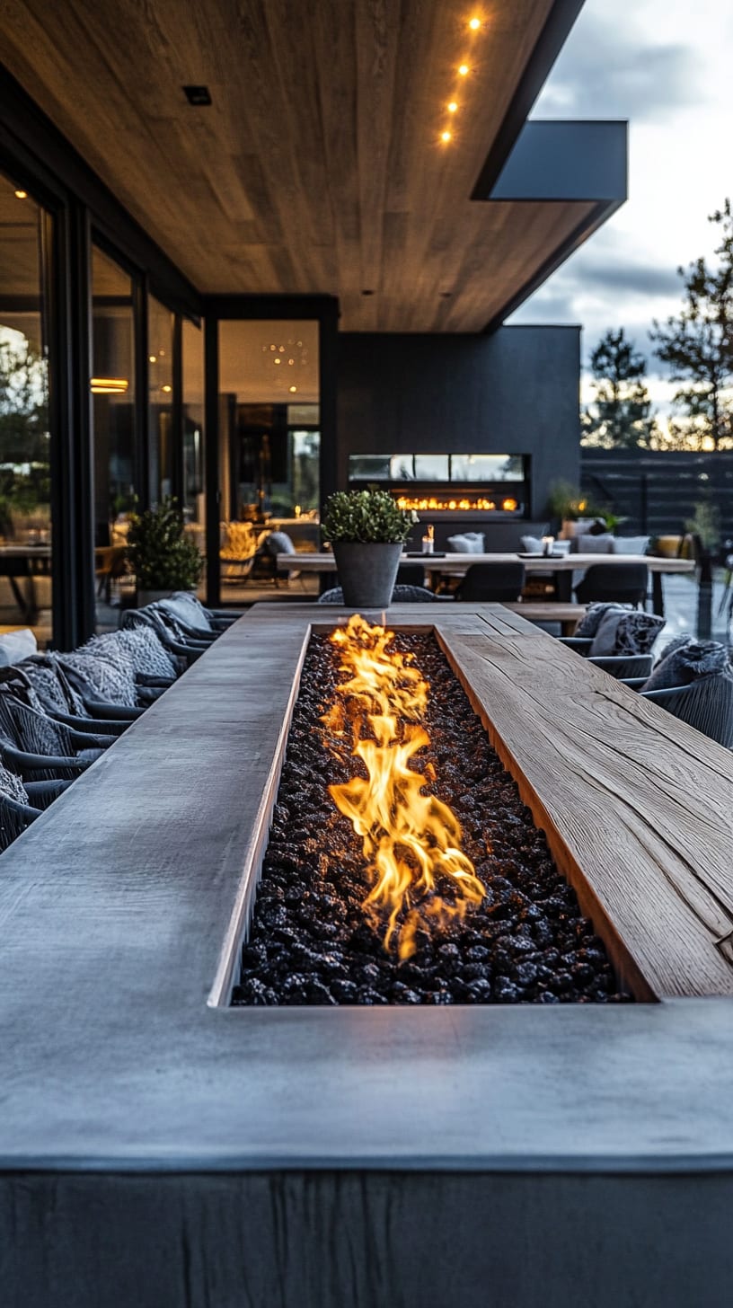A rectangular fire pit surrounded by a modern outdoor dining area, featuring a concrete table and wooden seating, illuminated by soft flames.