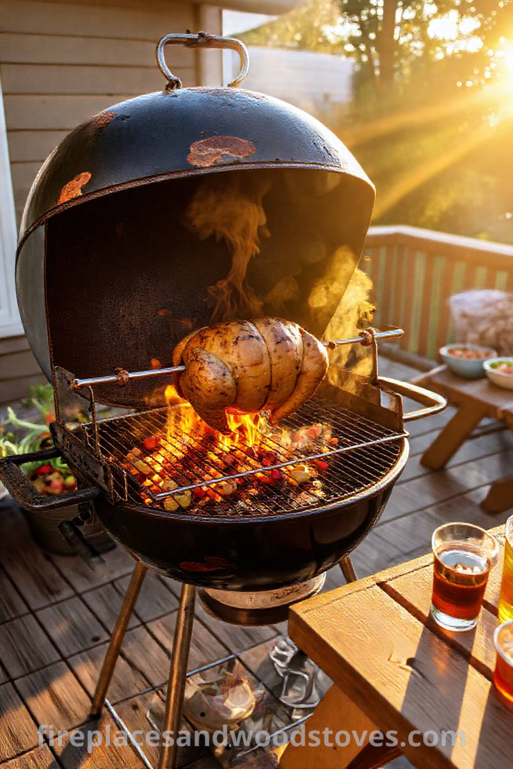 A sturdy barbecue with a rotisserie on a sun-drenched patio, surrounded by wooden decking, with a whole chicken cooking and bowls of marinated vegetables on a picnic table, creating a cozy and stylish outdoor atmosphere. Visit patioandhomefurniture.com for incredible ideas to transform your backyard.