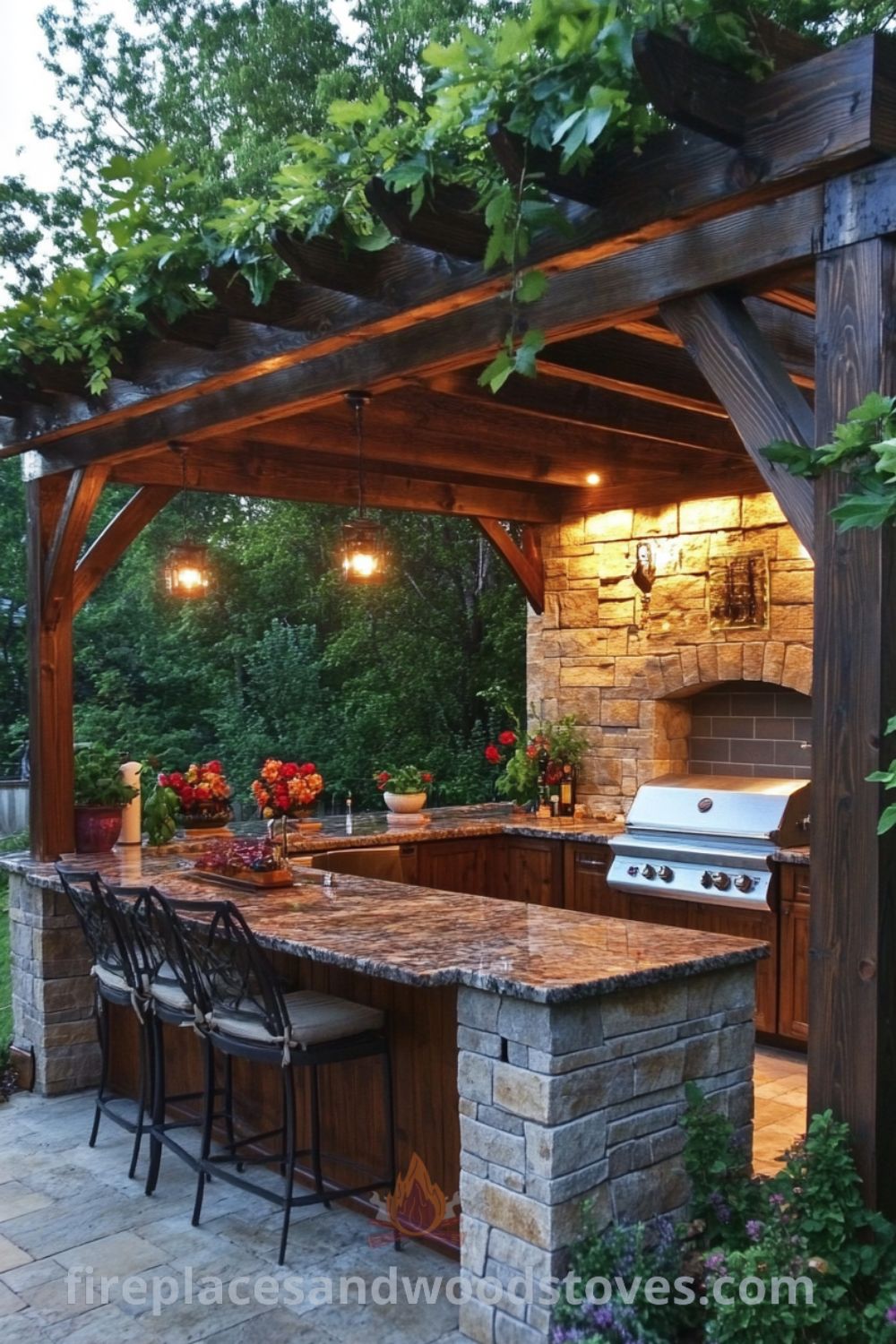 Backyard cooking area on fireplacesandwoodstoves.com, showcasing a covered patio, outdoor kitchen, and cozy ideas for outdoor dining and grilling experiences.