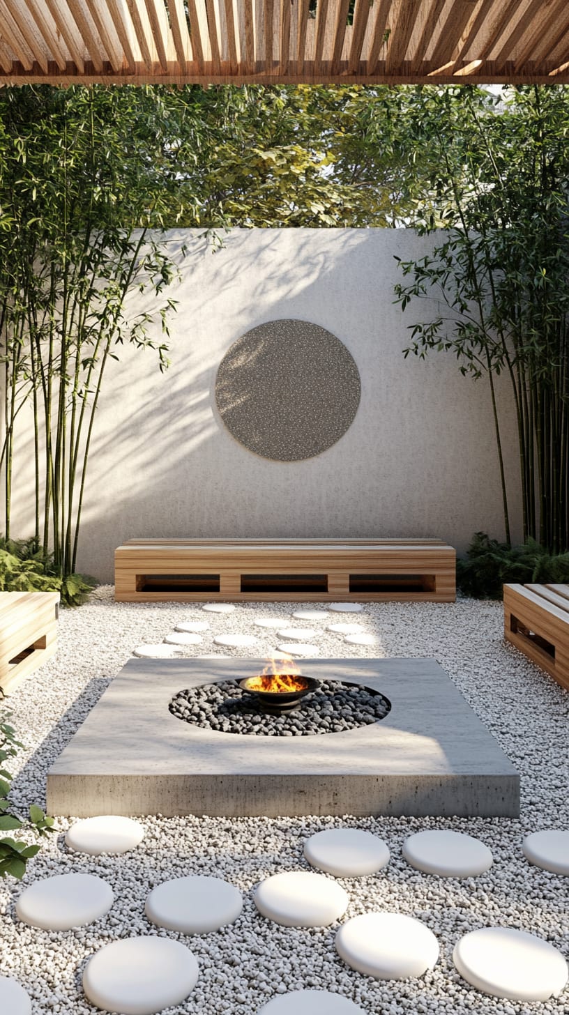 A tranquil Zen garden featuring bamboo, white pebbles, a fire pit, and low wooden benches against a light gray wall, creating a serene and minimalist outdoor space.