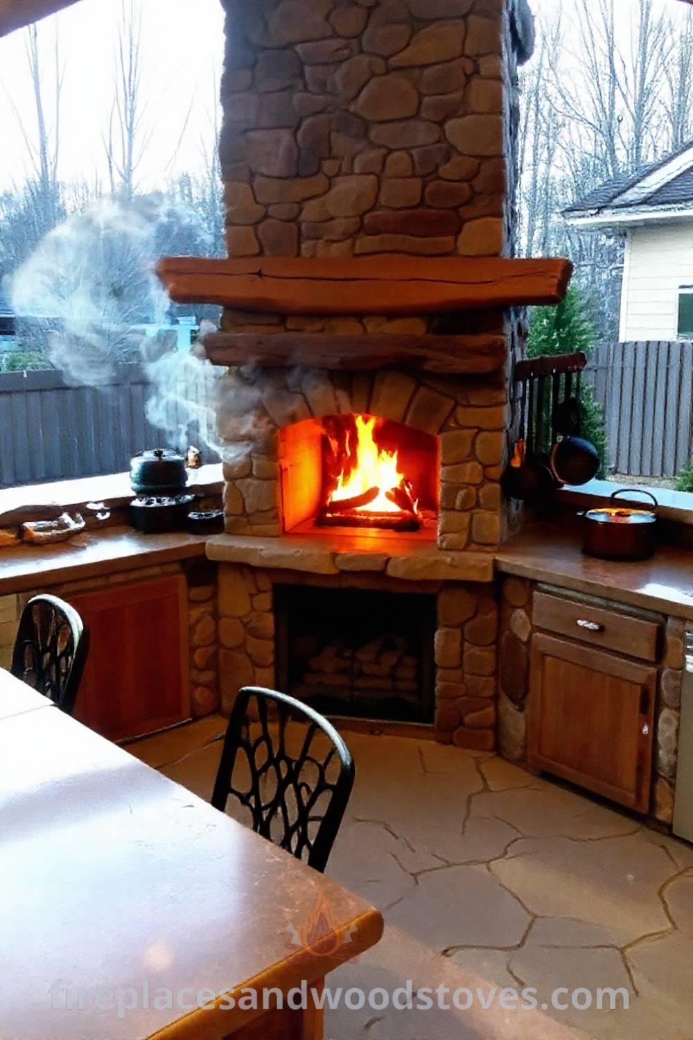 Outdoor kitchen featuring a beautiful wood-burning fireplace crafted from stone and timber, creating a cozy atmosphere for gatherings with friends. Visit patioandhomefurniture.com for stylish designs transforming your backyard and incredible ideas you’ll love.