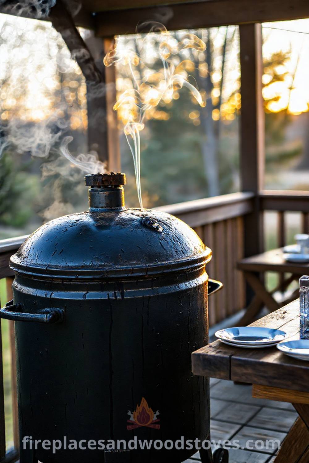 Blackened barbecue smoker on a wooden deck with smoke rising in golden sunset light, inviting outdoor cooking scene set for a gathering, featuring plates and utensils for a cozy atmosphere. Visit patioandhomefurniture.com for incredible outdoor design inspiration.