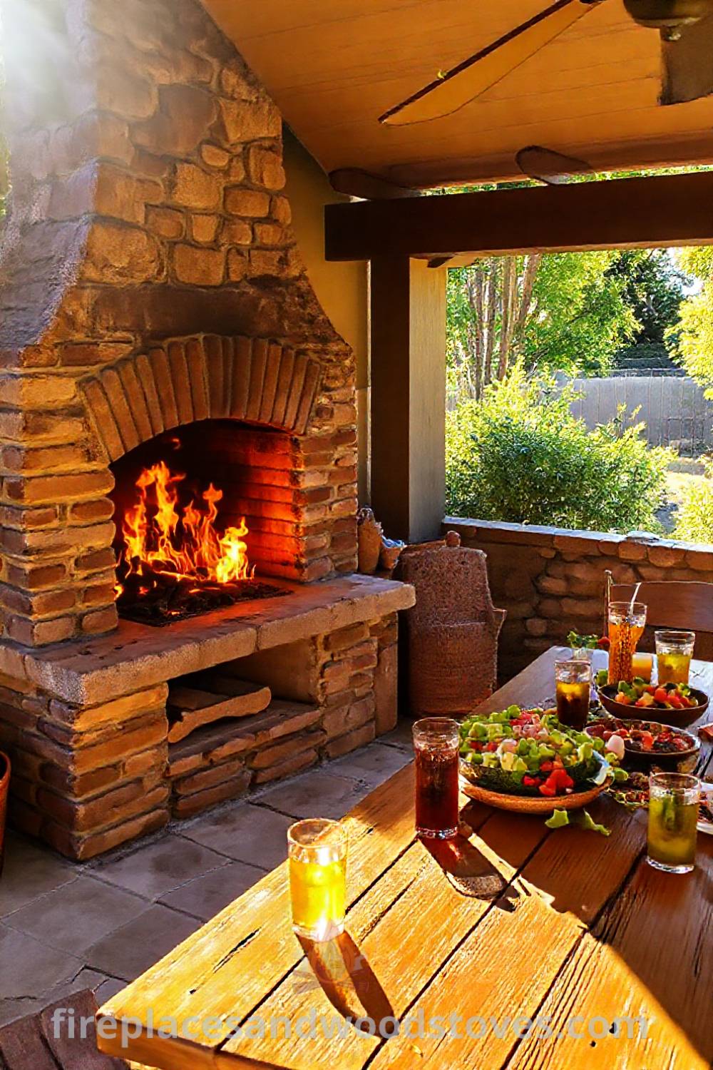 Stone fireplace BBQ on a sun-drenched patio with flames, surrounded by a colorful spread of salads and drinks on a wooden table, creating a cozy outdoor gathering space. Visit patioandhomefurniture.com for stylish ideas transforming your backyard into the coziest home.