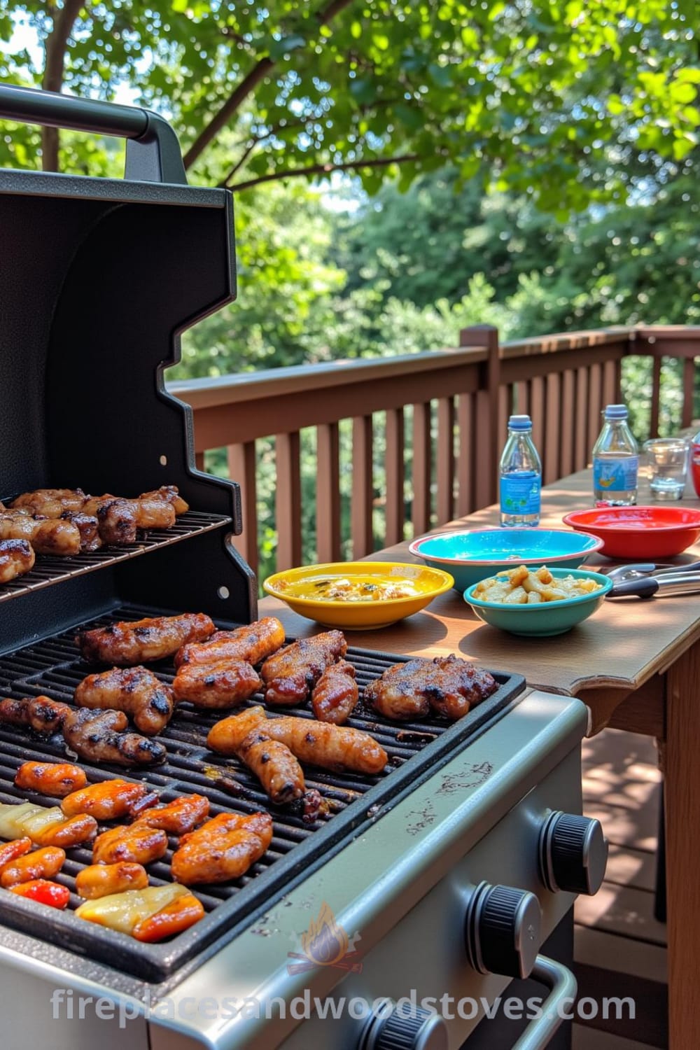 Sturdy barbecue grill on a wooden deck with colorful tableware, warm grill grate showing soot and grill marks, surrounded by greenery and sunlight, creating a cozy atmosphere for summer gatherings. Visit fireplacesandwoodstoves.com for cozy home decor ideas.