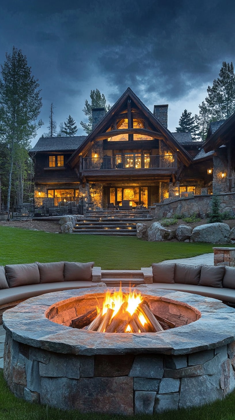 A cozy stone fire pit surrounded by comfortable seating in front of a rustic log cabin, illuminated by warm lights from the house, with a lush green lawn and twilight sky.