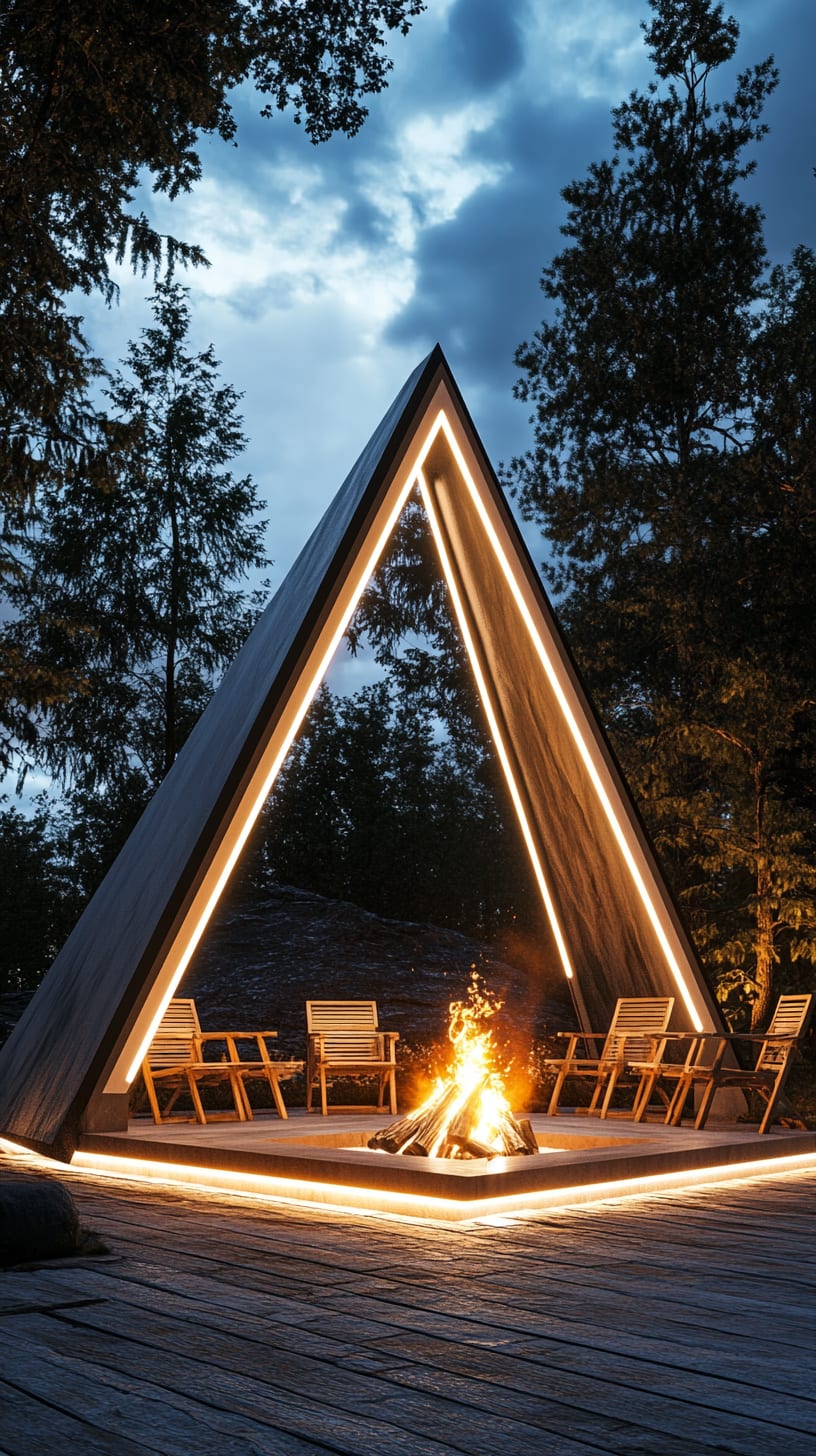 A triangular wooden structure with LED lights, featuring an open fire pit and surrounding chairs on a deck in a natural night setting.