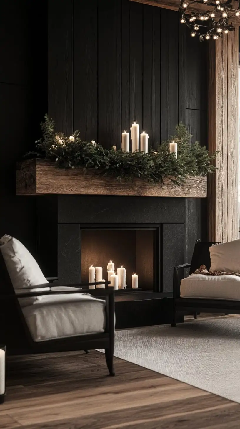 A black wooden fireplace decorated with candles and greenery, set in a modern farmhouse-style living room with dark walls and neutral accents.