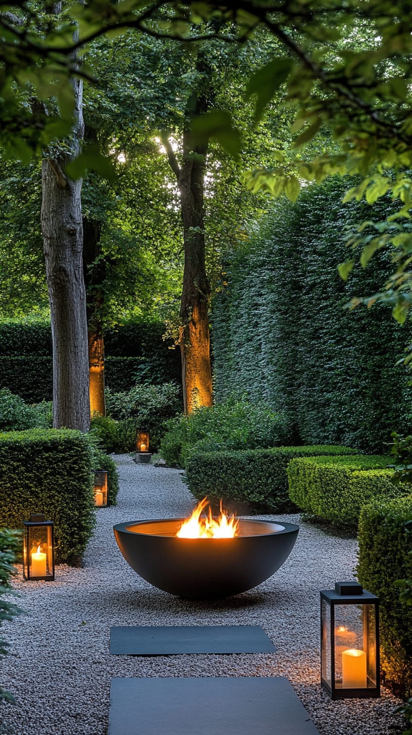 A large fire pit centrally located in an elegant garden, surrounded by tall trees, hedges, and lanterns, creating a warm and cozy atmosphere.