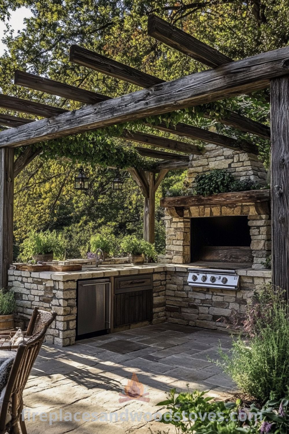 Cozy patio kitchen retreat on fireplacesandwoodstoves.com, showcasing a covered grill area, outdoor dining features, and a cozy atmosphere to inspire unique backyard ideas.