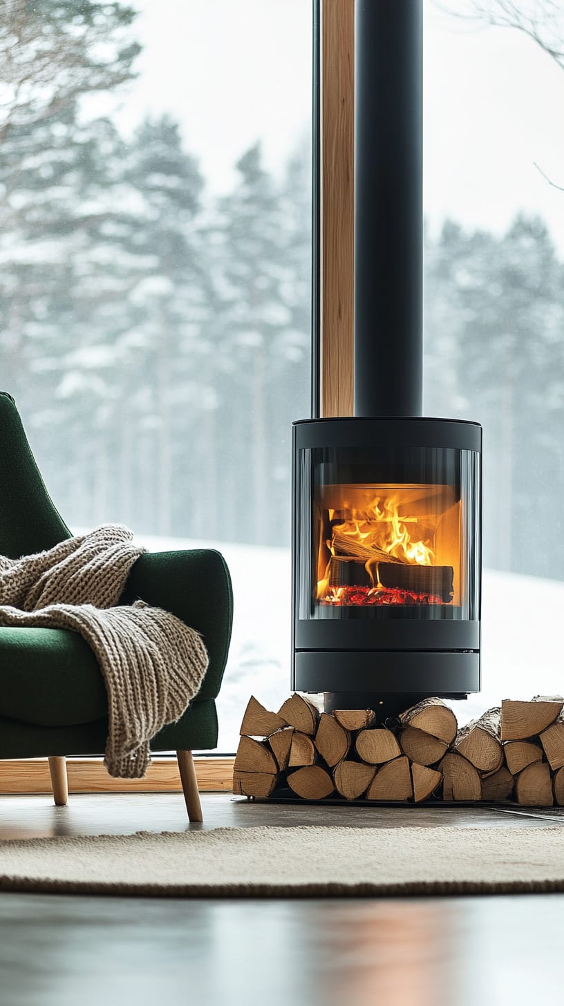 A modern black wood stove with flames, surrounded by firewood and a green armchair, set against large windows displaying a snowy landscape, embodying Scandinavian design aesthetics.