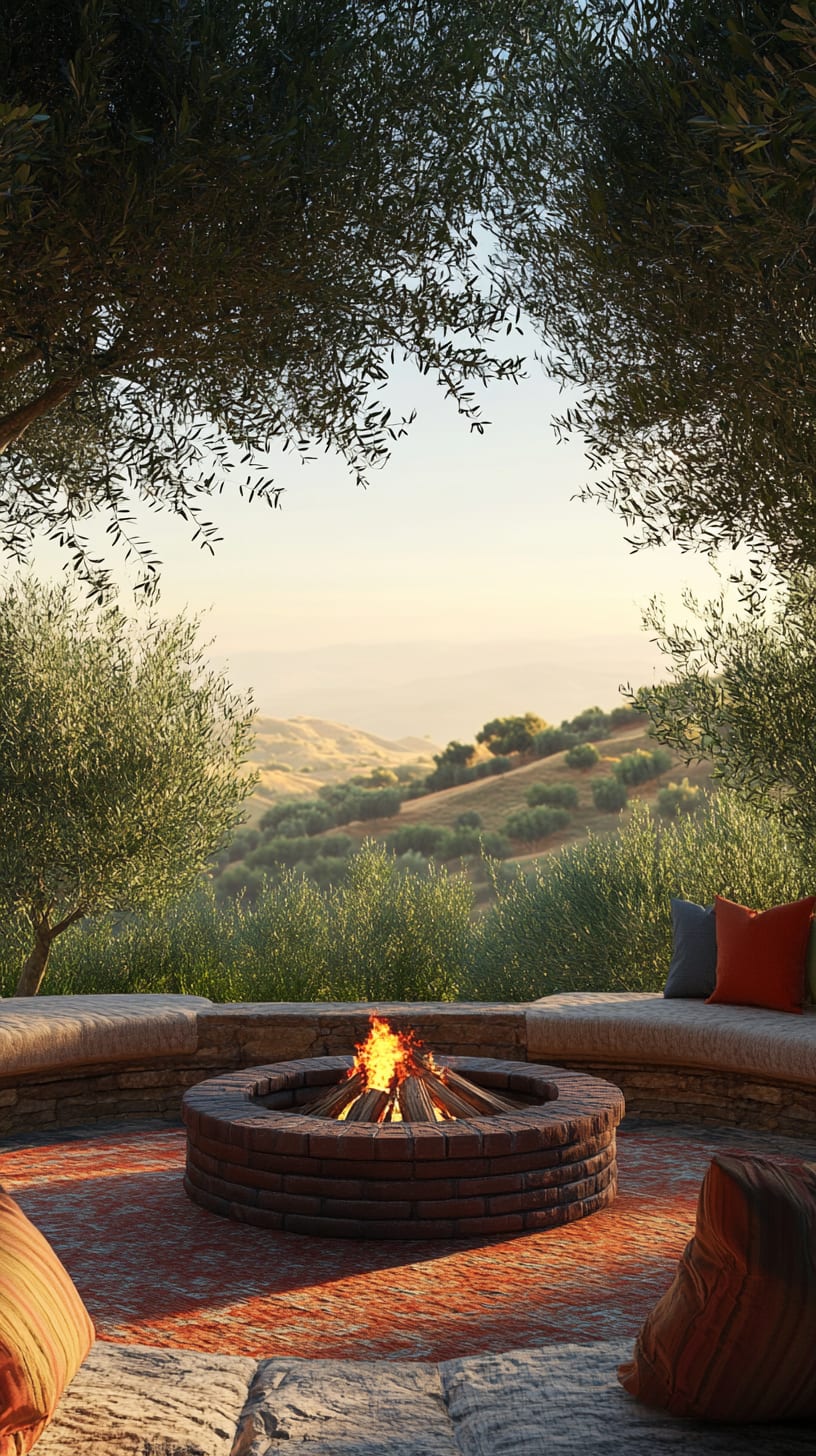 A cozy outdoor seating area featuring an open-air fire pit, surrounded by olive trees and rolling hills, bathed in warm golden sunlight.