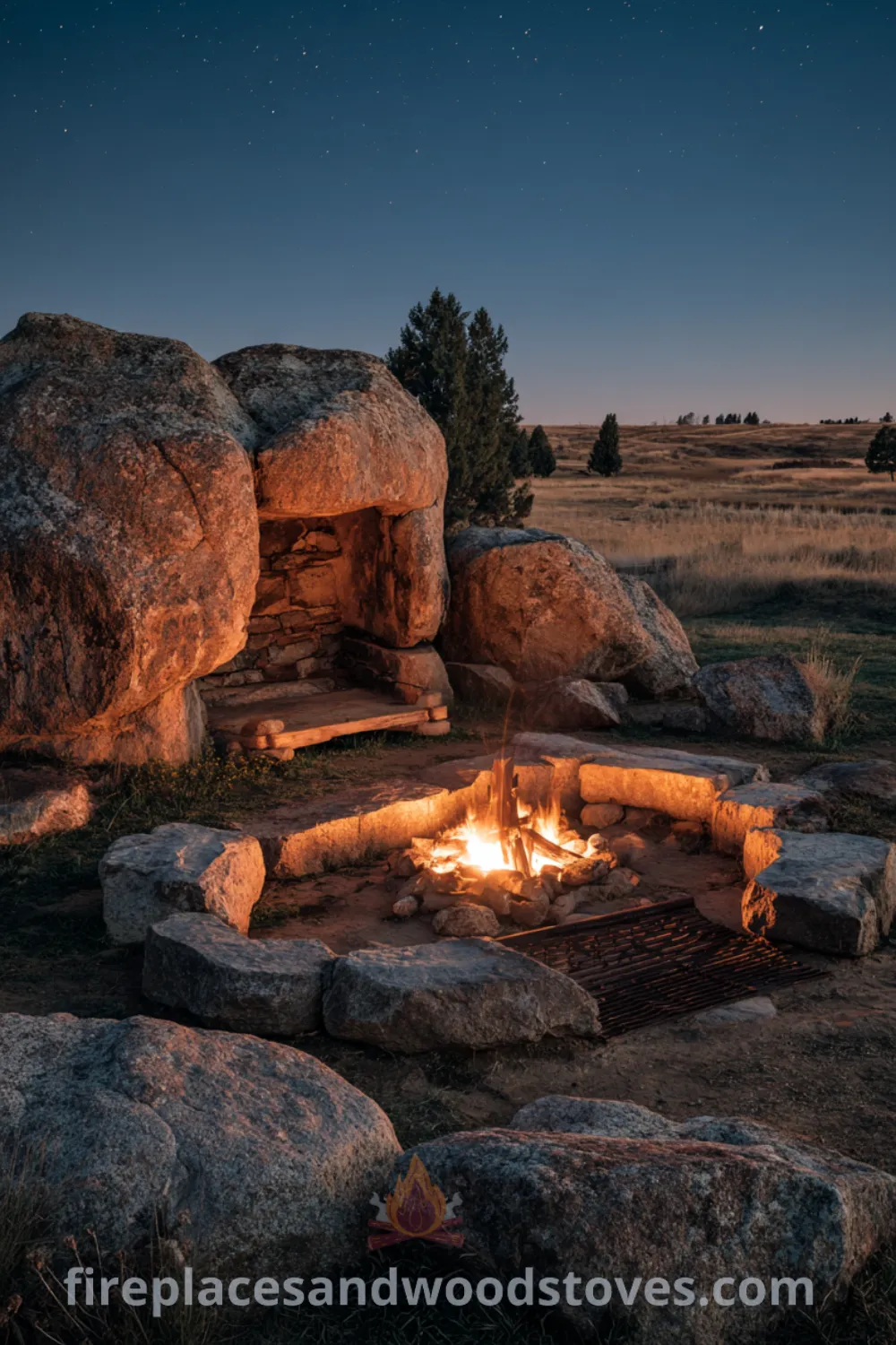 Rustic fire pit surrounded by large boulders and natural stone, offering warm fire glow and cozy outdoor space.
