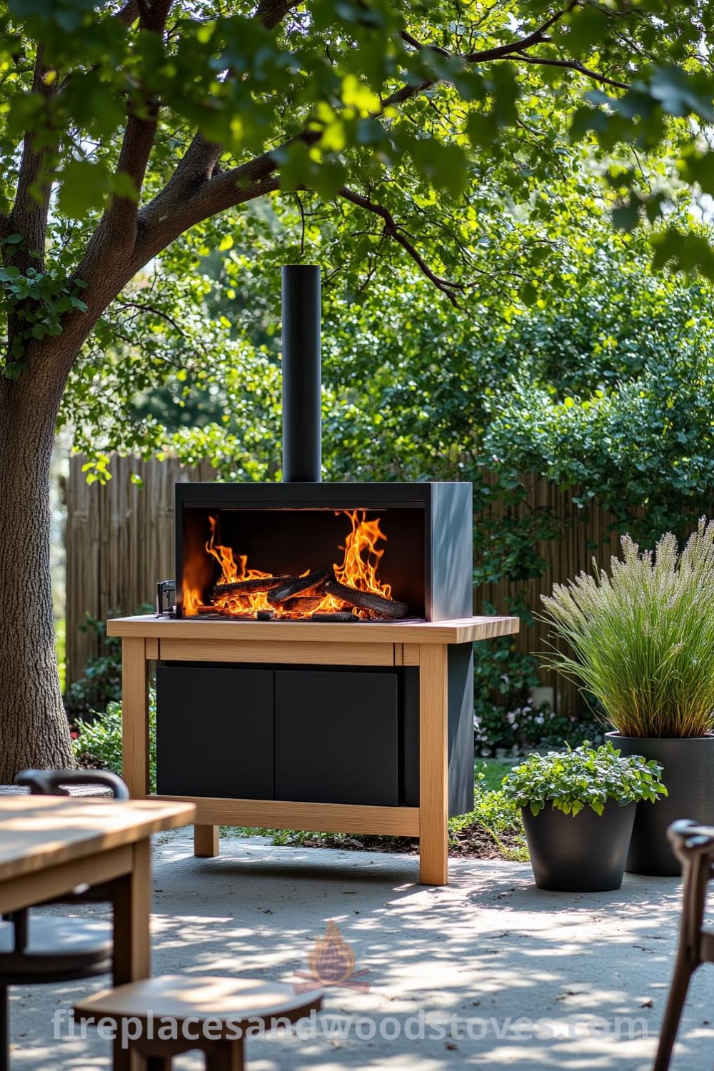 Scandinavian minimalist outdoor barbecue under a large oak in a well-kept garden. The design features clean lines, natural wood finish, and warm orange hues from flames illuminating potted herbs. Cozy ideas for outdoor gatherings and decor inspirations can be found at fireplacesandwoodstoves.com.
