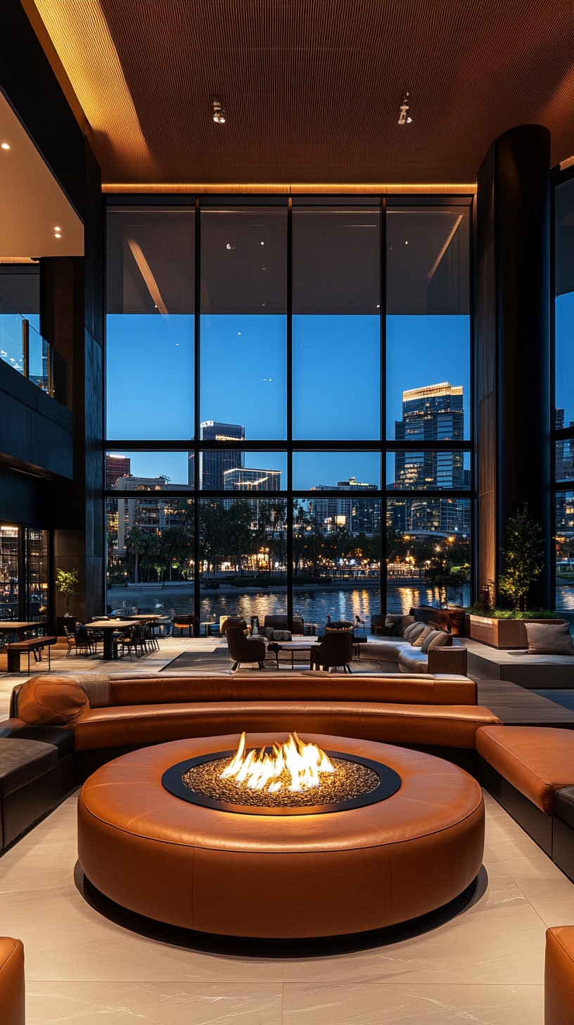 A cozy hotel lounge featuring a large circular leather sofa around a fire pit, with floor-to-ceiling windows showcasing the river and city skyline.