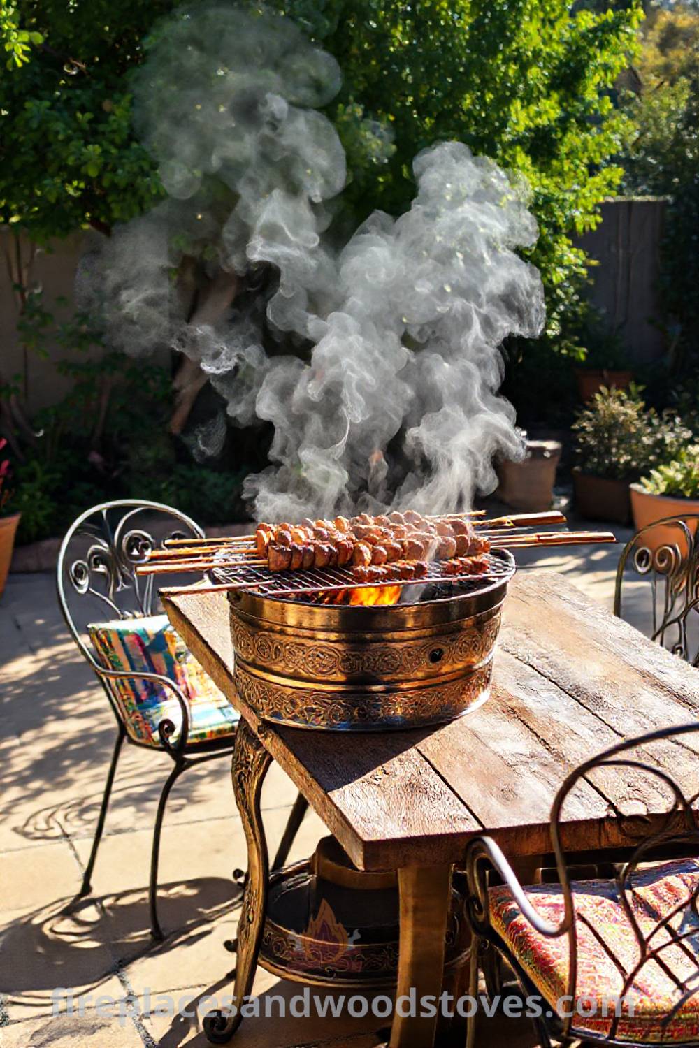 Ornate Turkish Mangal barbecue on a sun-drenched patio surrounded by colorful cushions and wrought-iron chairs, creating a cozy and inviting outdoor dining space. Visit patioandhomefurniture.com for incredible ideas that will wow your guests and transform your backyard into a stylish retreat.