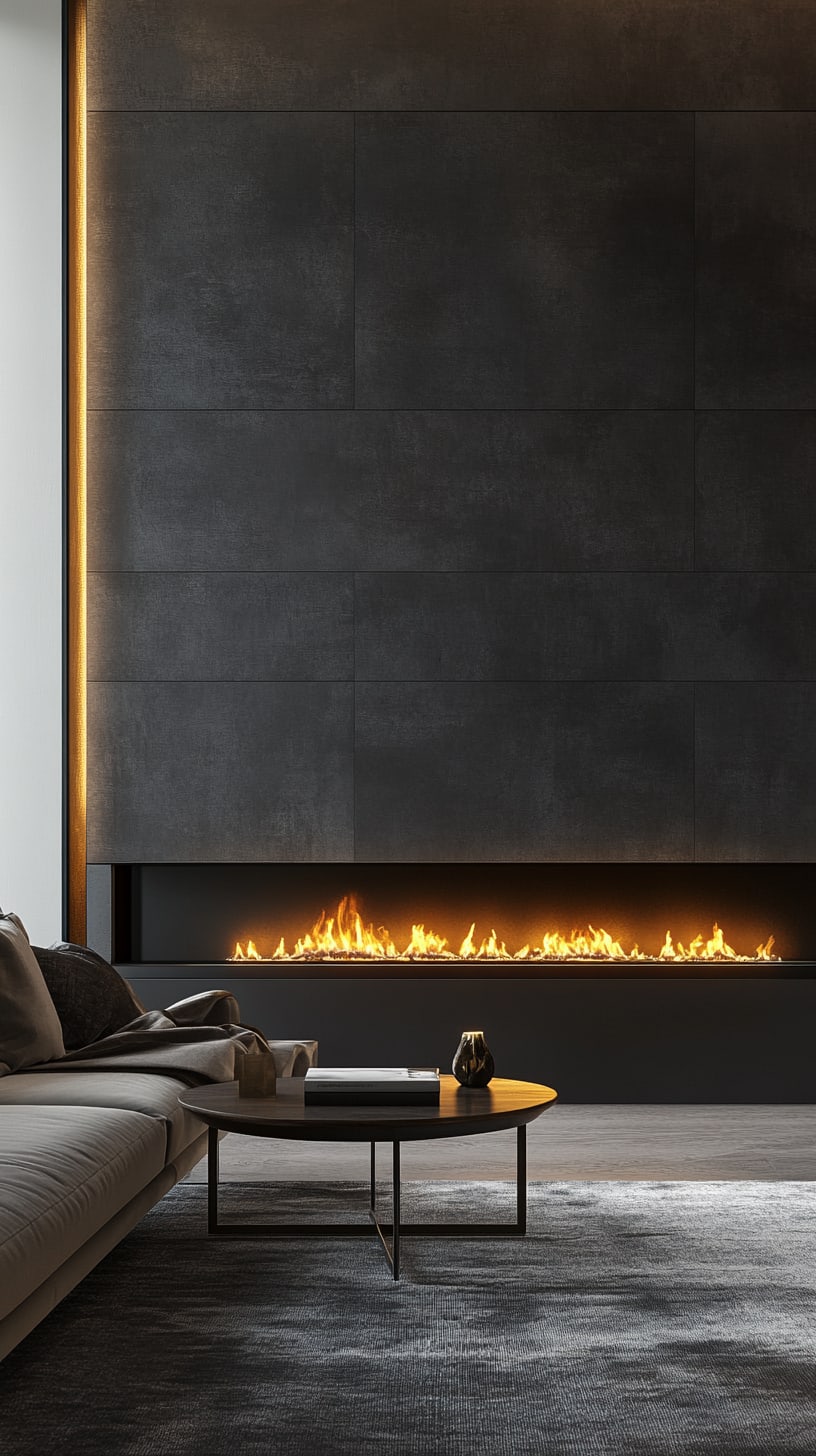 A minimalist modern living room with a black stone wall, large fireplace, gray sofa, and a cozy ambiance created by warm lighting and a glowing fire.
