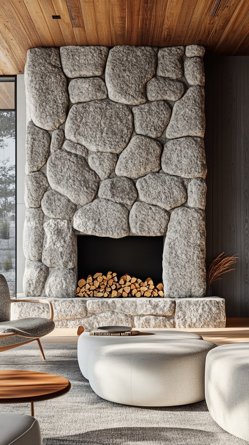 A large stone fireplace made of grey rocks and wooden accents, surrounded by minimalist Scandinavian furniture in a bright living room setting.