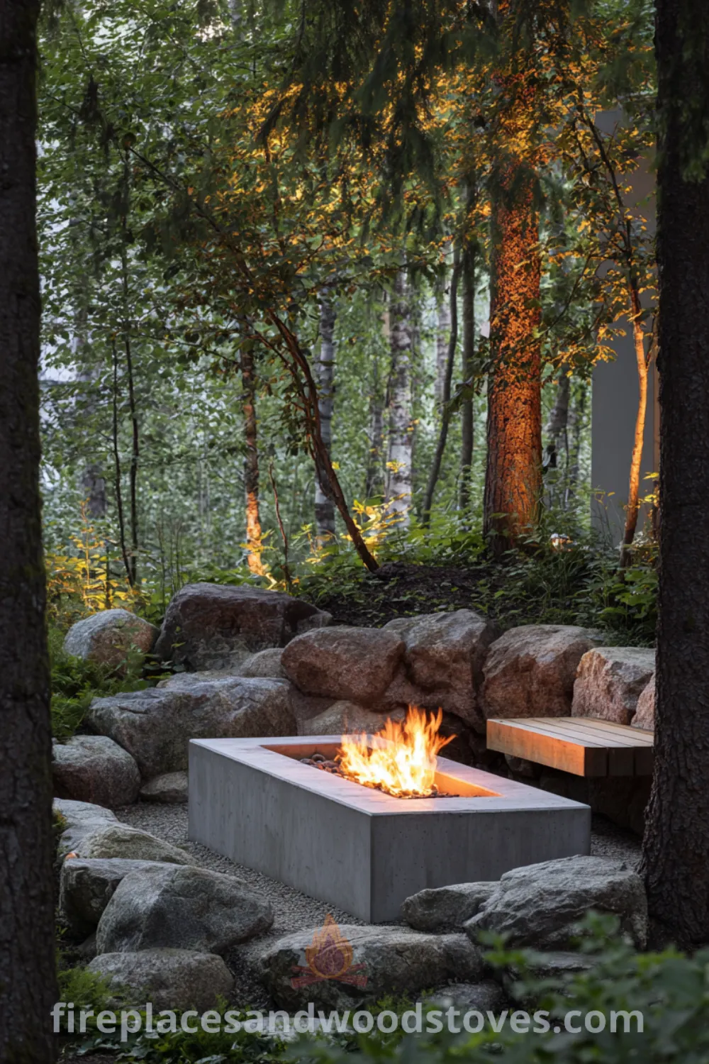 Nordic outdoor fireplace surrounded by natural stones in a serene setting, with minimalist design and warm fire glow.