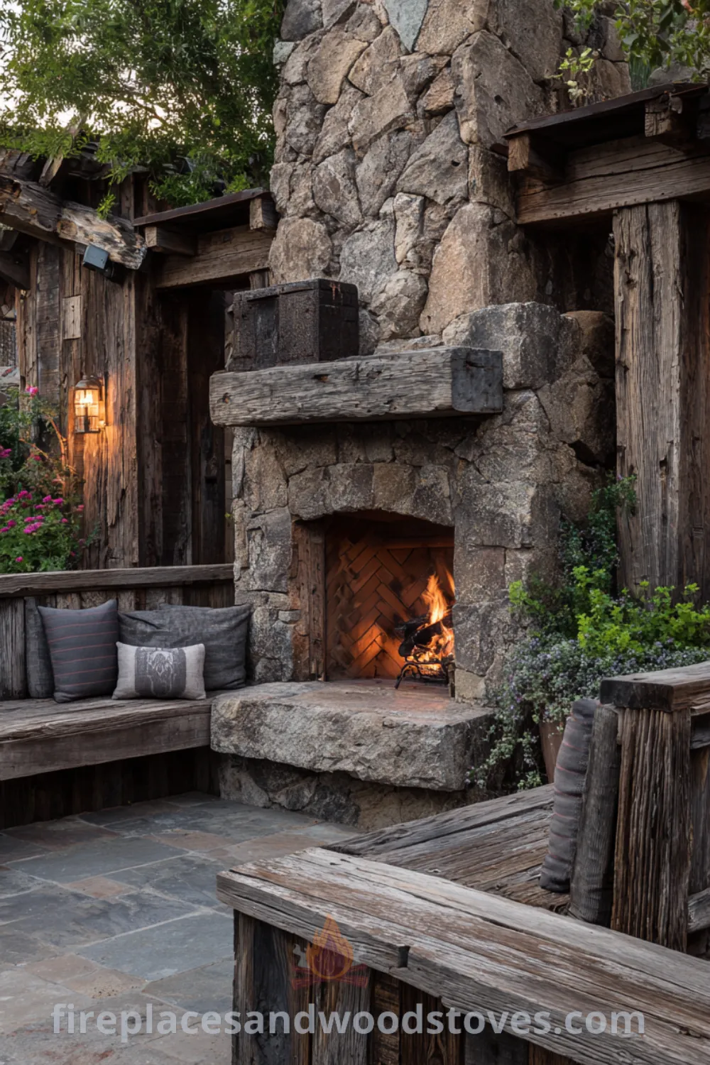 Cozy outdoor space with a rustic outdoor fireplace, natural stone fireplace, thick timber beams, and inviting communal atmosphere.