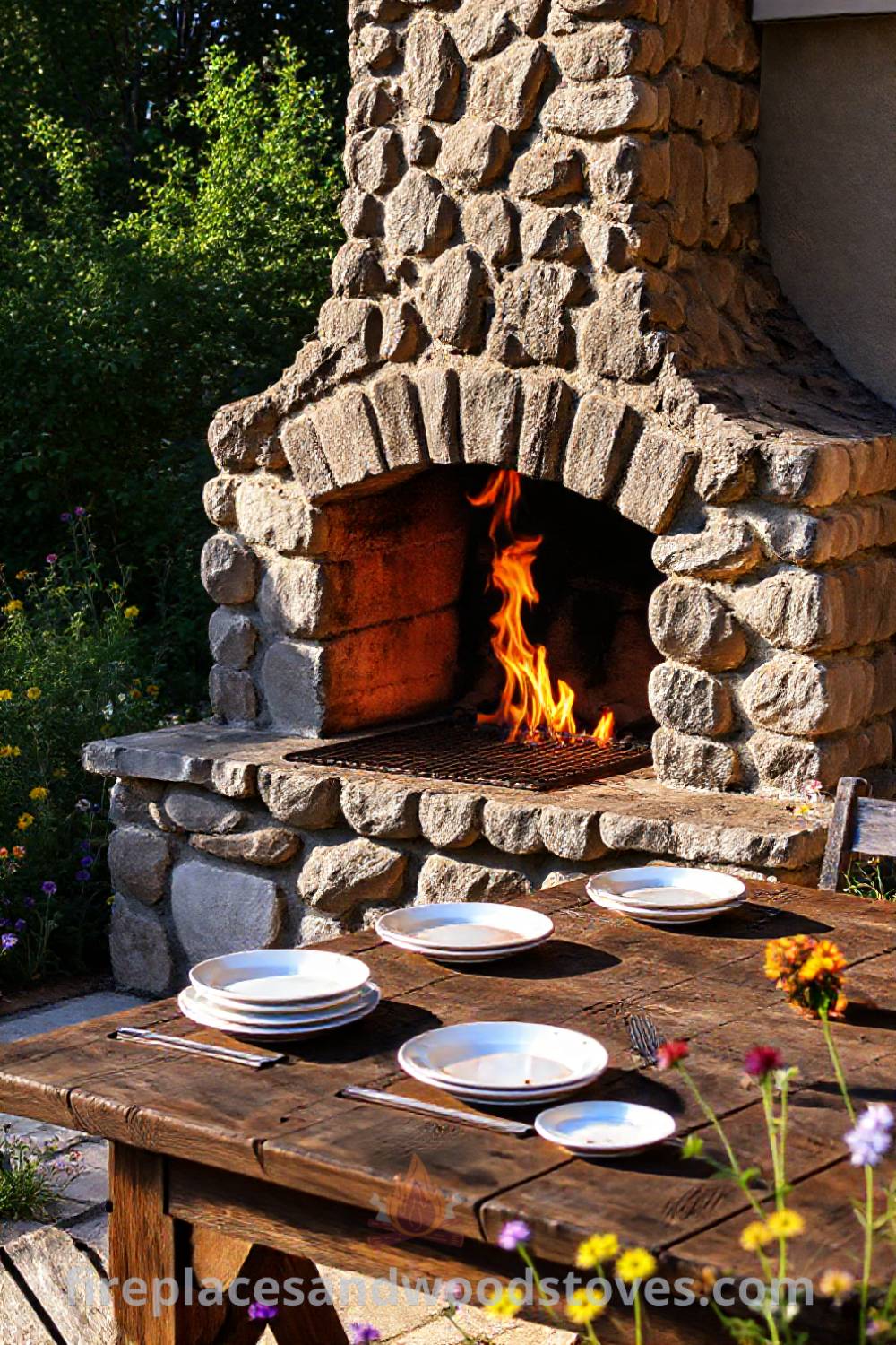 Rustic stone fireplace BBQ on a sun-drenched patio, surrounded by vibrant wildflowers and a wooden table set for dining, creating a cozy and inviting outdoor atmosphere for family gatherings. Visit patioandhomefurniture.com for creative ideas that will wow your guests.