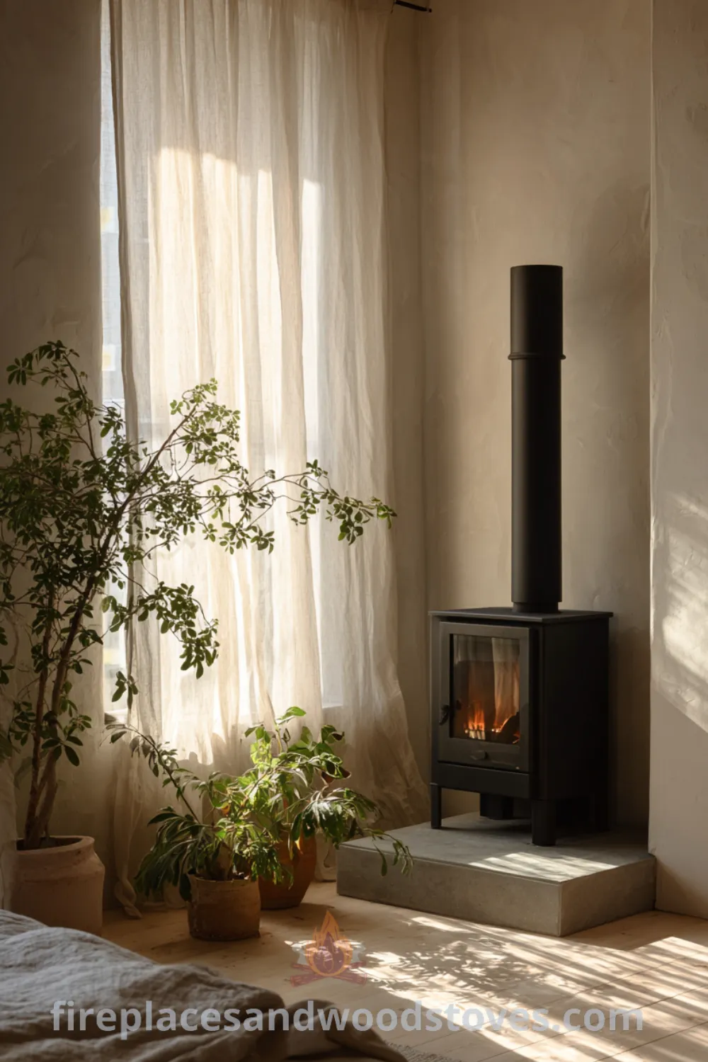 A serene bedroom featuring a matte black steel wood-burning stove, creamy off-white walls, and potted plants for a rustic scandi bedroom hearth vibe.
