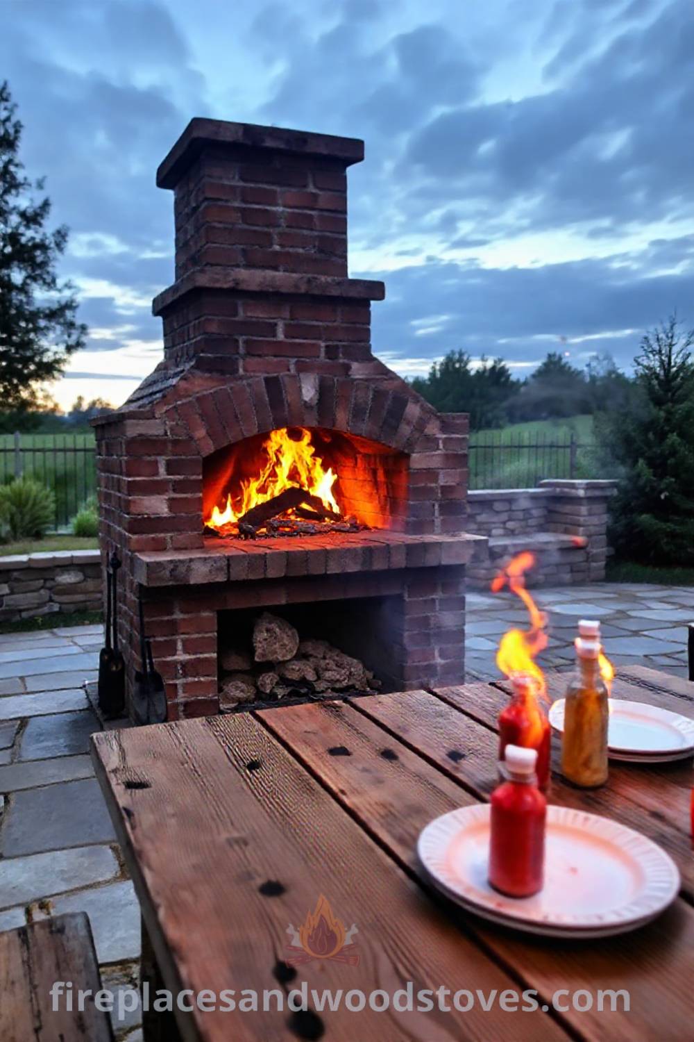 Brick fireplace BBQ on a stone patio with a crackling fire, charred grill tools, and a weathered wooden table, creating a cozy outdoor gathering space for feasts and warmth. Visit patioandhomefurniture.com for stylish designs transforming your backyard.
