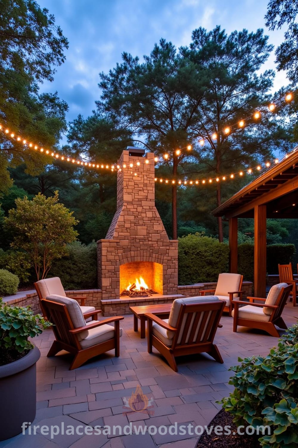Cozy outdoor patio featuring a beautifully crafted stone fireplace, warm firelight illuminating rough-hewn wooden furniture surrounded by lush greenery, twinkling lights overhead, and unique design ideas for an intimate retreat, ideal for gatherings. Visit fireplacesandwoodstoves.com for more cozy home inspirations.