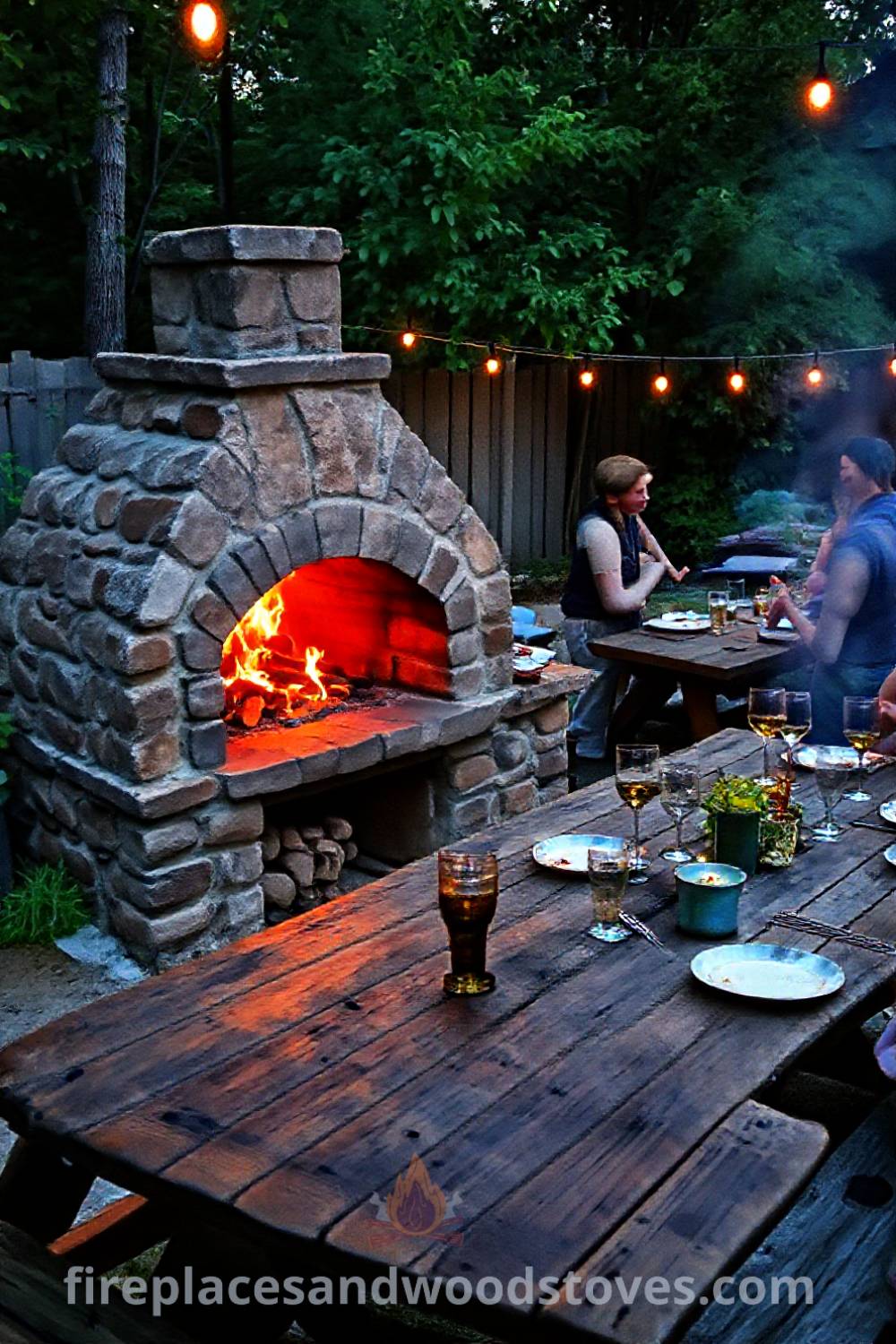 Sturdy stone BBQ oven in a lively backyard gathering, surrounded by greenery and rustic picnic tables, creating a cozy and inviting atmosphere for outdoor dining experiences. Visit patioandhomefurniture.com for incredible ideas that will wow your guests.