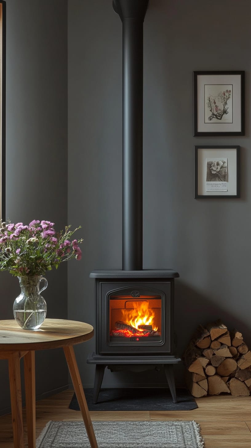 A modern wood stove in an elegant room with dark gray walls, a wooden floor, and vases full of flowers, creating a warm and inviting ambiance.
