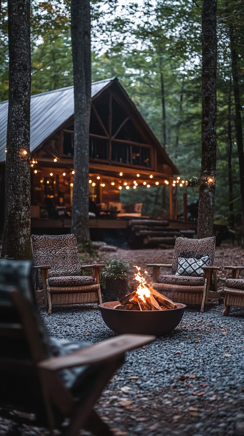 A cozy cabin in the woods featuring string lights, a fire pit area with comfortable chairs, and surrounded by lush greenery.