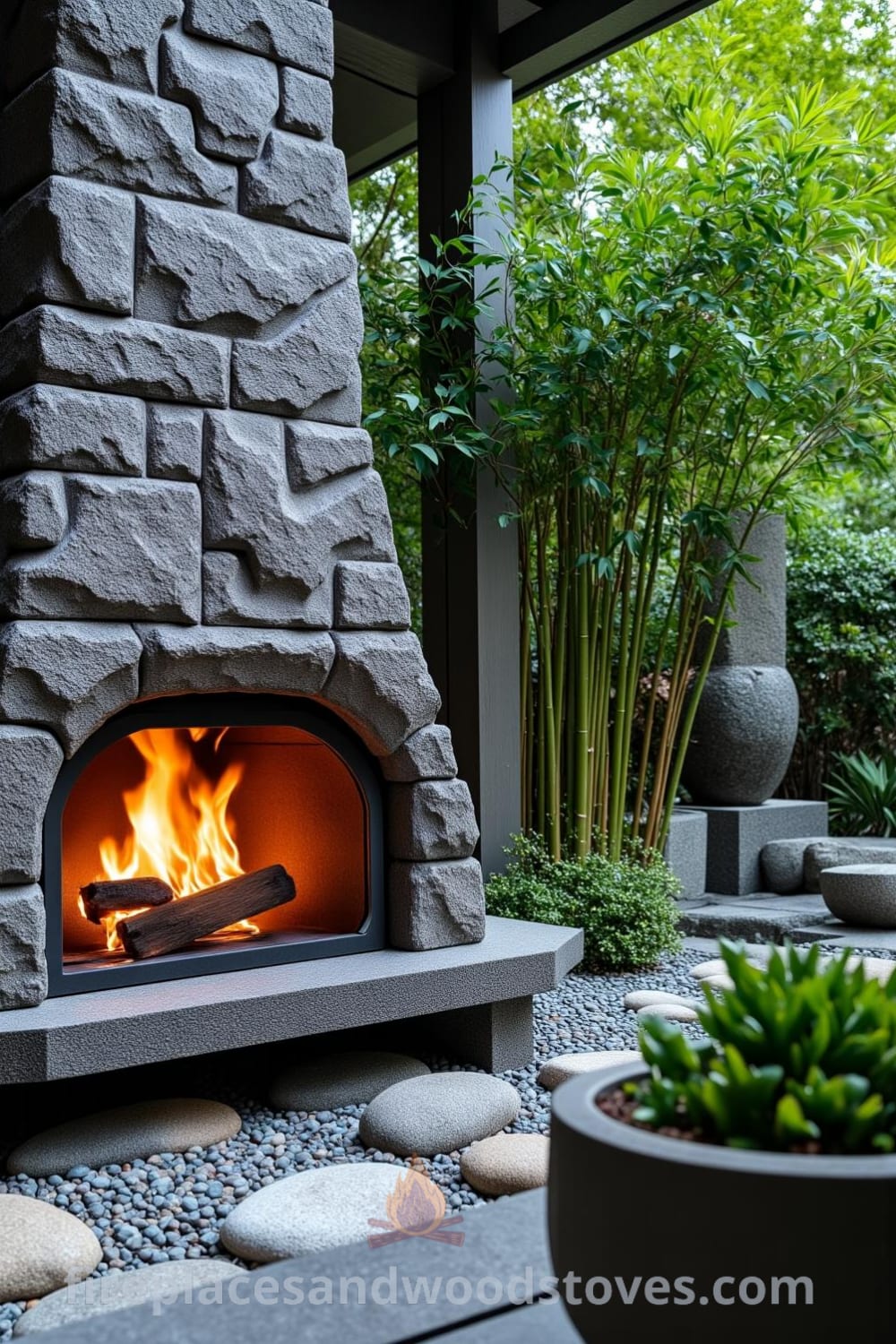 Japanese Zen fireplace in a tranquil garden, featuring flickering flames, lush greenery, meticulously arranged stones, and bamboo plants, creating a peaceful atmosphere ideal for reflection, cozy ideas for your home, designs, and decor inspirations from fireplacesandwoodstoves.com.