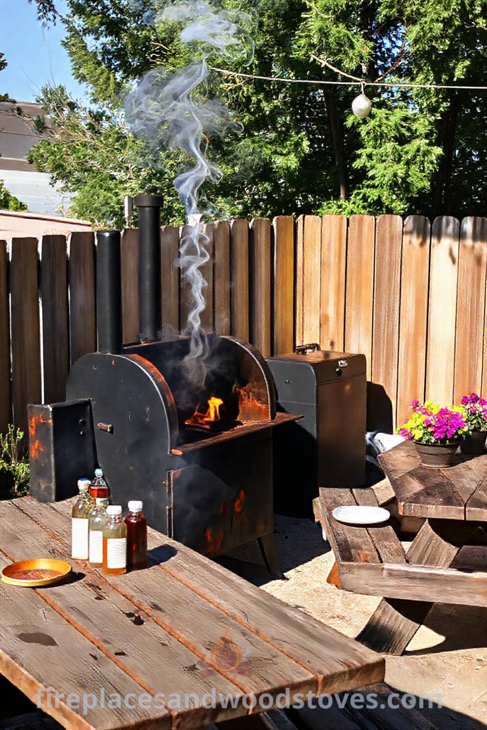 Outdoor barbecue smoker setup in a sun-drenched backyard with a weathered picnic table, condiments, and flower pots, creating a cozy atmosphere for gatherings. Visit patioandhomefurniture.com for ideas that will wow your guests with incredible outdoor designs transforming your backyard.