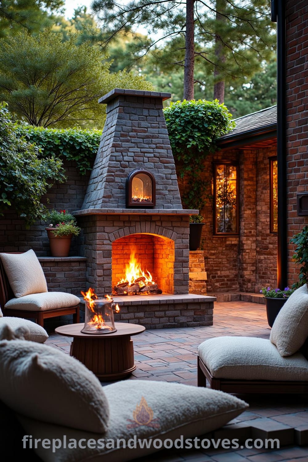 A sunken patio showcases a rustic stone fireplace with a warm crackling fire, surrounded by plush seating and potted plants, perfect for intimate gatherings, with cozy decor ideas for your home at fireplacesandwoodstoves.com.