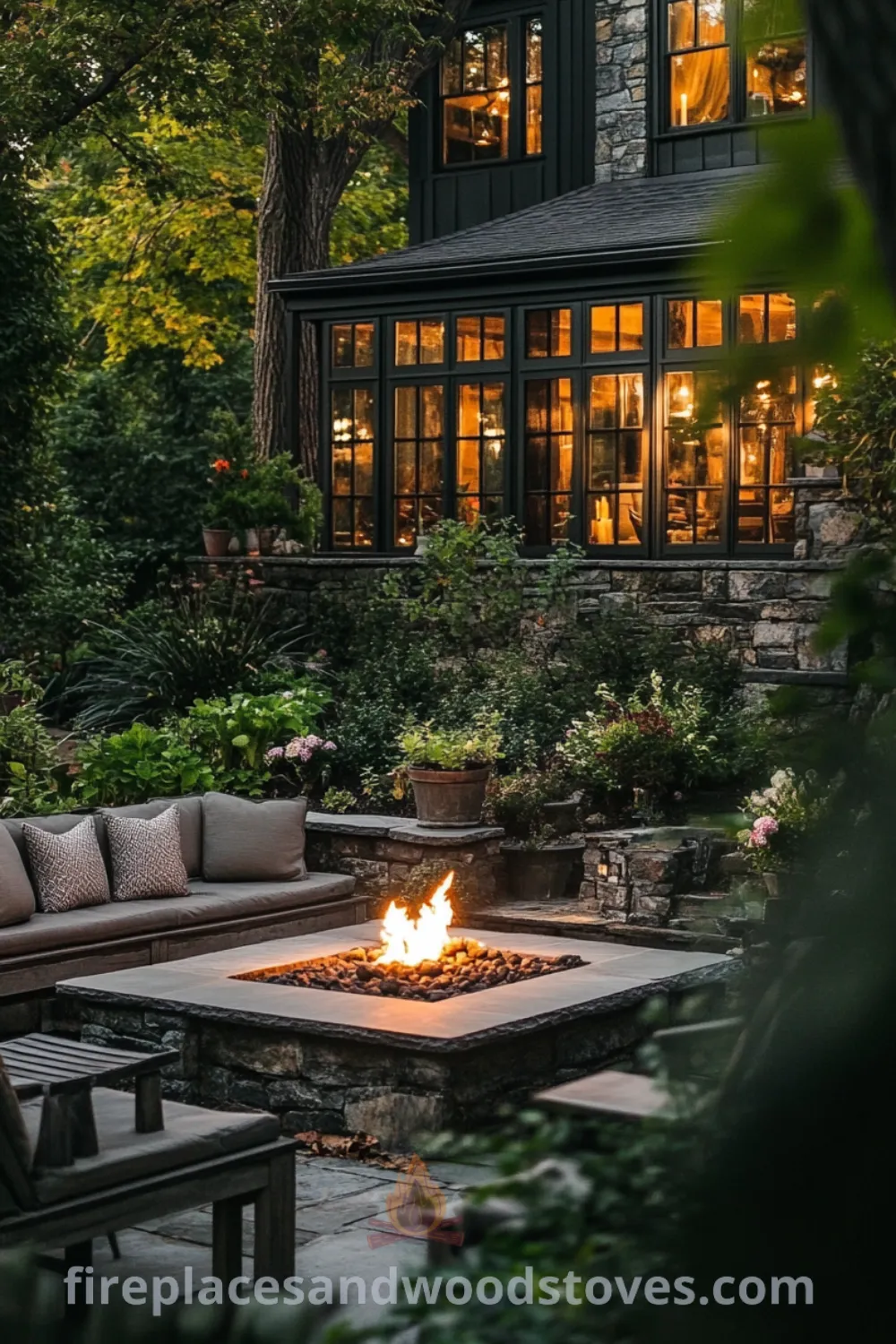 Backyard fire pit area featuring cozy seating and inviting decor inspirations on fireplacesandwoodstoves.com, showcasing fire pit designs, outdoor seating with fire pit, and ideas for your home.