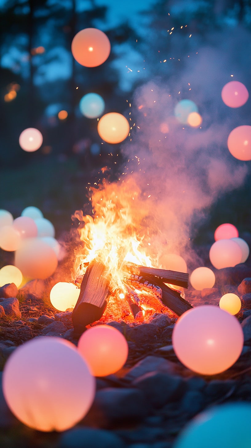 A cozy campfire surrounded by pastel balloons, creating a joyful and festive atmosphere on a summer evening.