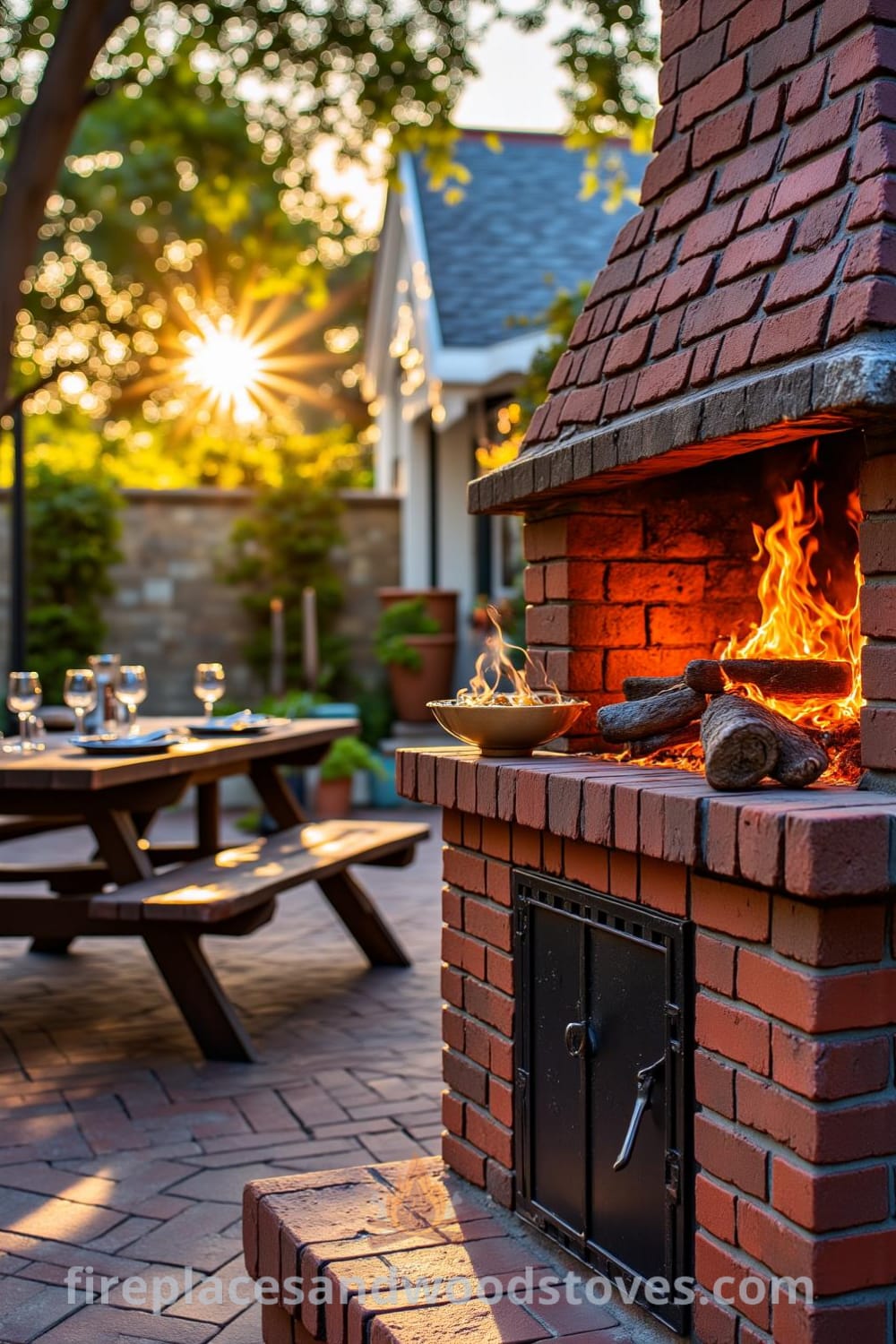 Traditional brick outdoor barbecue on a sun-drenched patio with flames flickering, surrounded by a picnic table set for a gathering, showcasing cozy ideas for outdoor living and design inspirations for your home on fireplacesandwoodstoves.com.